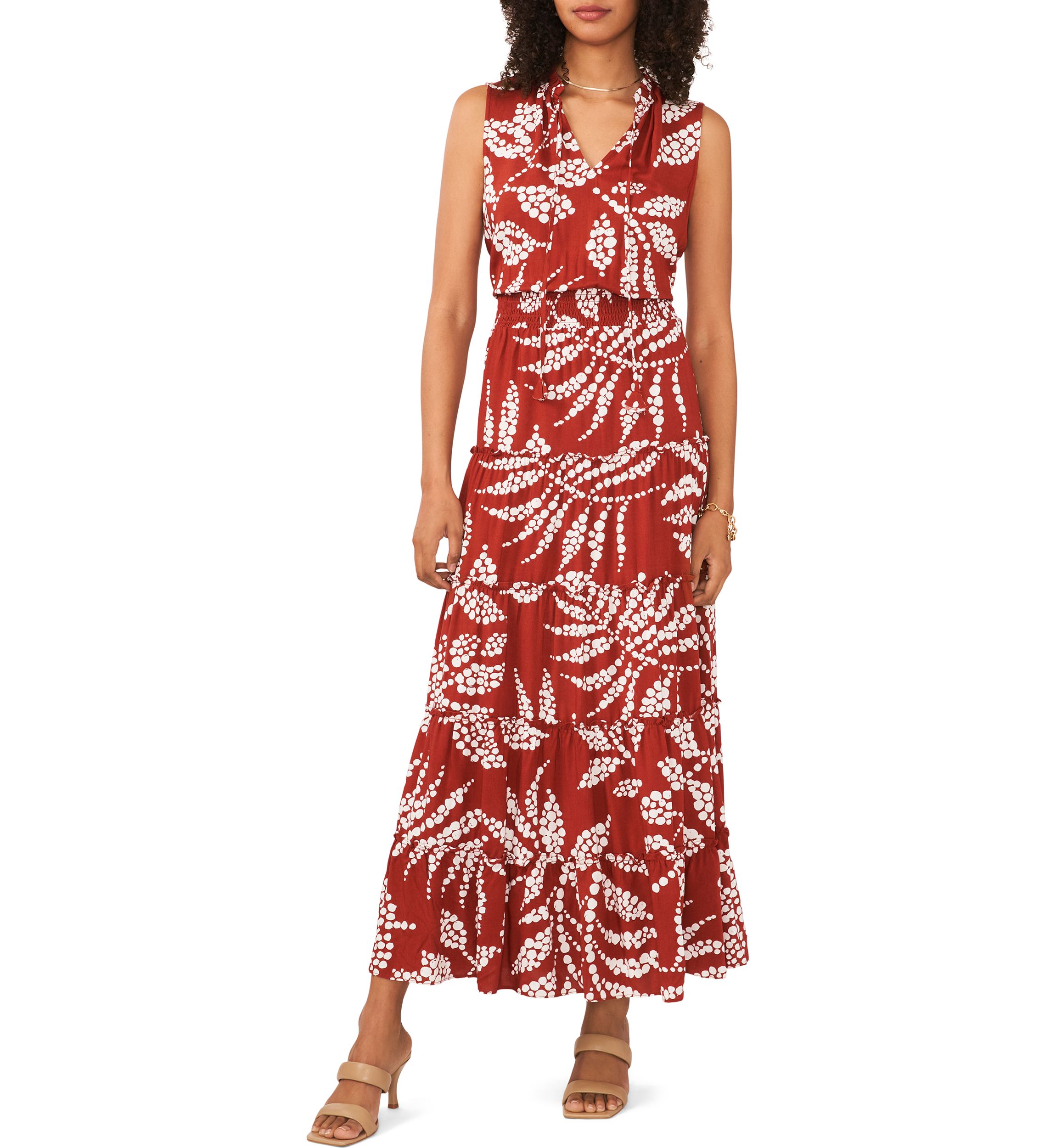 Womens Sleeveless Tie Neck Printed Smocked Waist Midi Dress