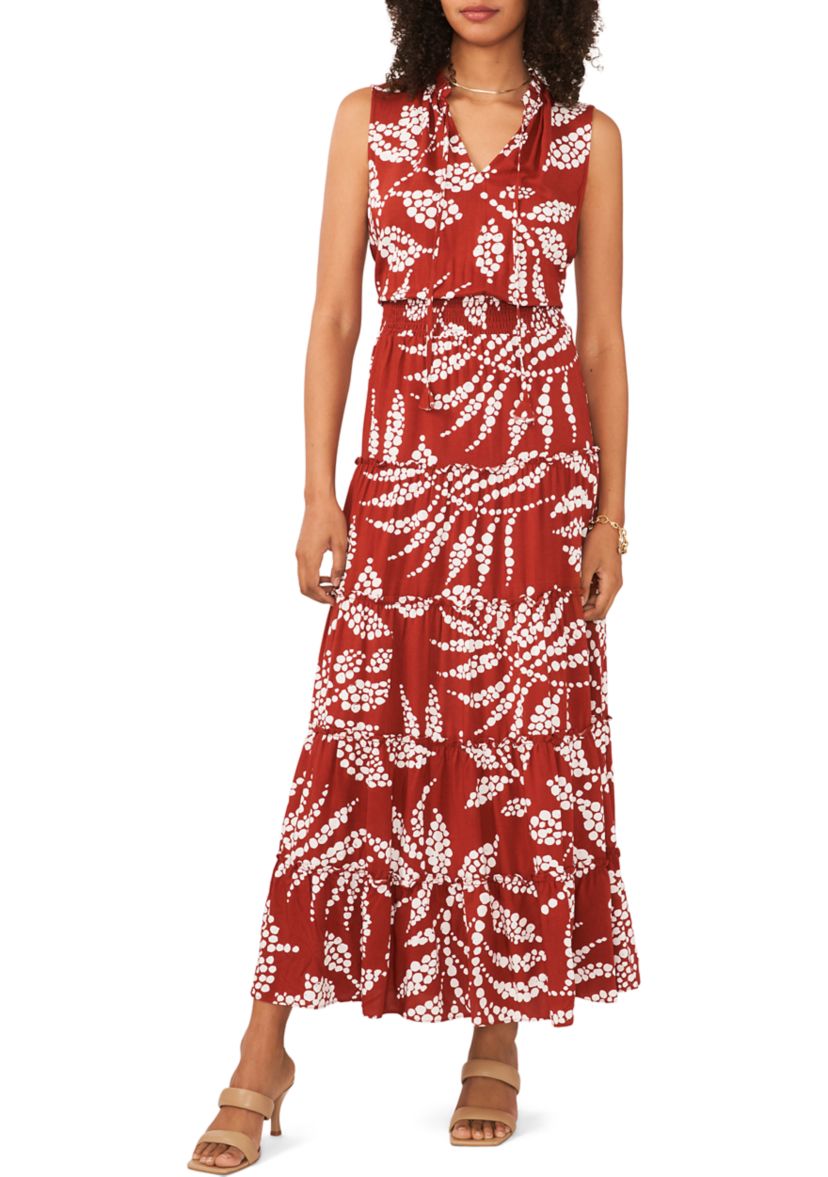 Womens Sleeveless Tie Neck Printed Smocked Waist Midi Dress