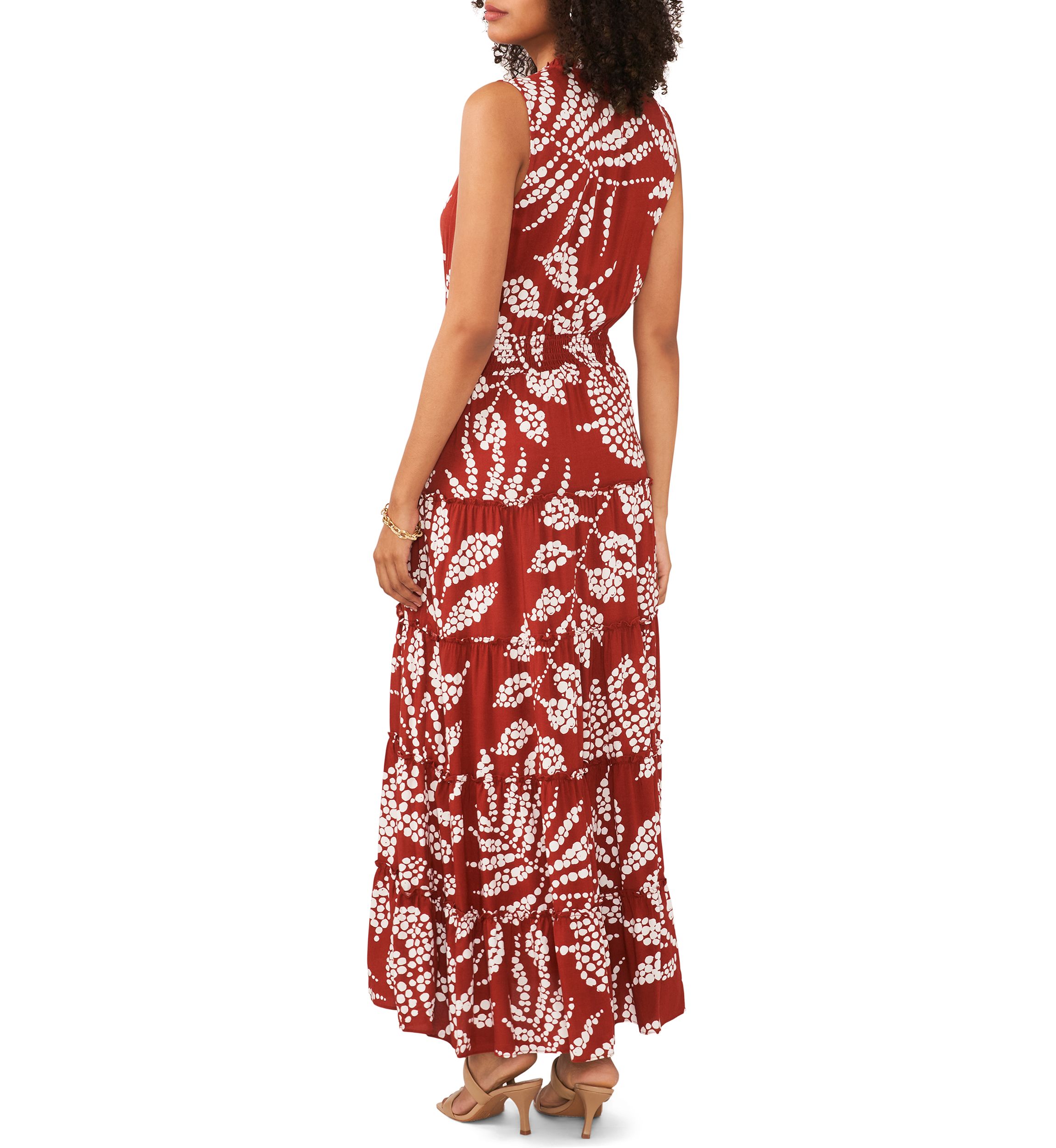 Womens Sleeveless Tie Neck Printed Smocked Waist Midi Dress