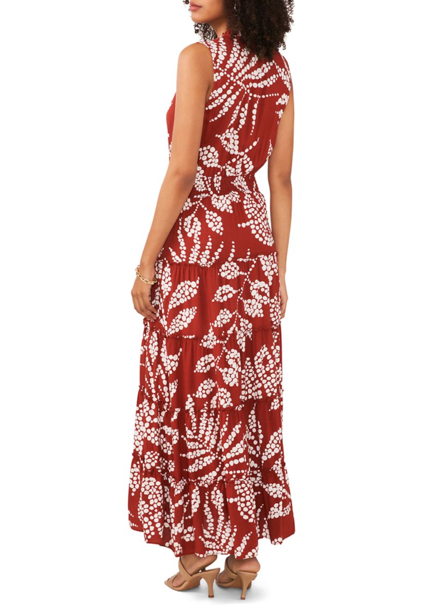 Womens Sleeveless Tie Neck Printed Smocked Waist Midi Dress