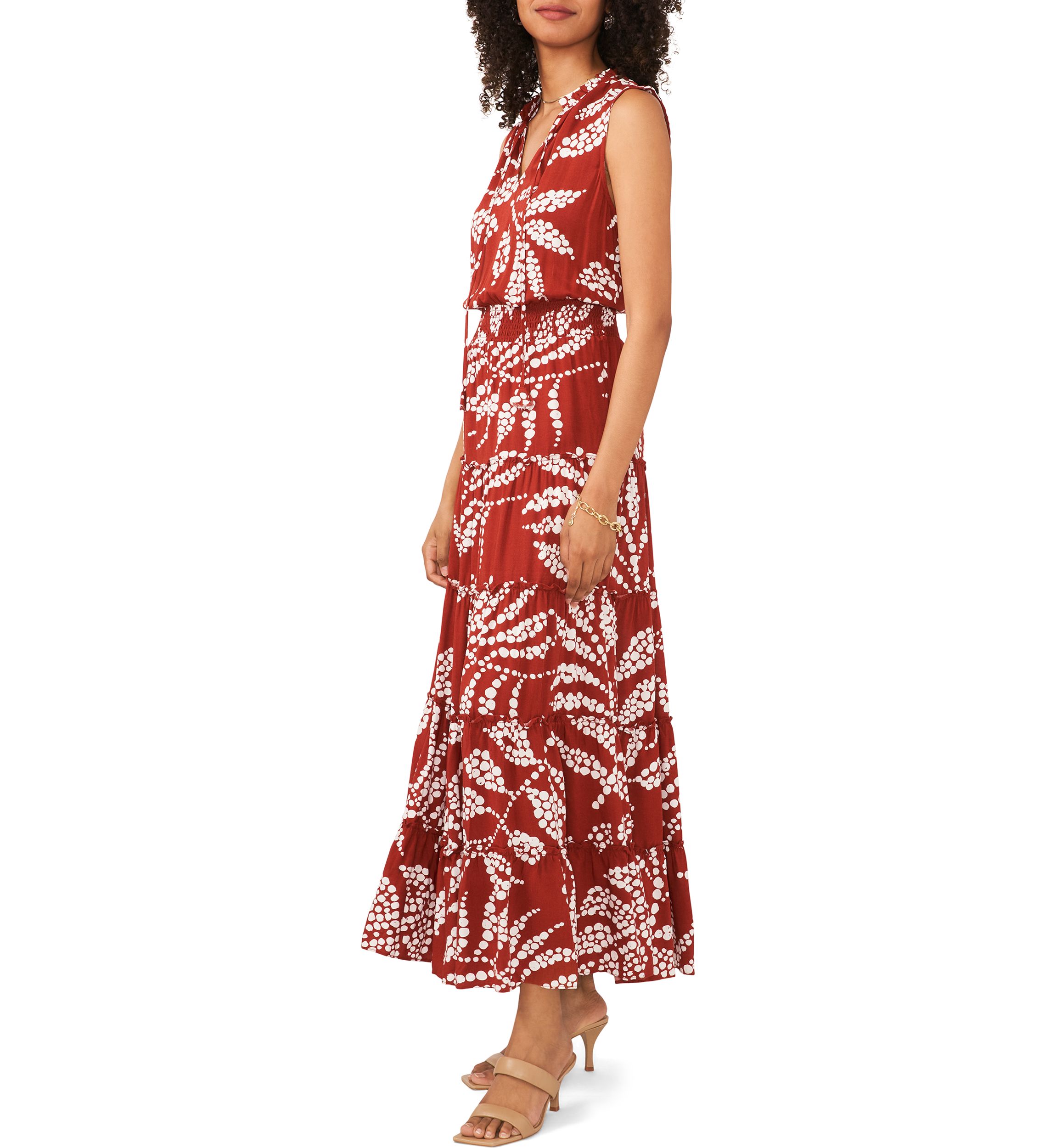 Womens Sleeveless Tie Neck Printed Smocked Waist Midi Dress