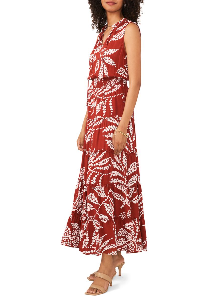 Womens Sleeveless Tie Neck Printed Smocked Waist Midi Dress