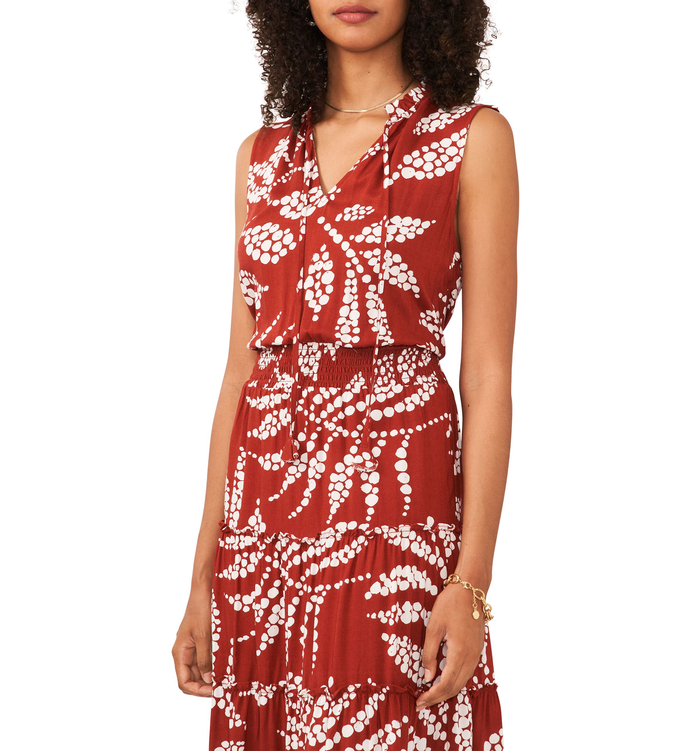 Womens Sleeveless Tie Neck Printed Smocked Waist Midi Dress