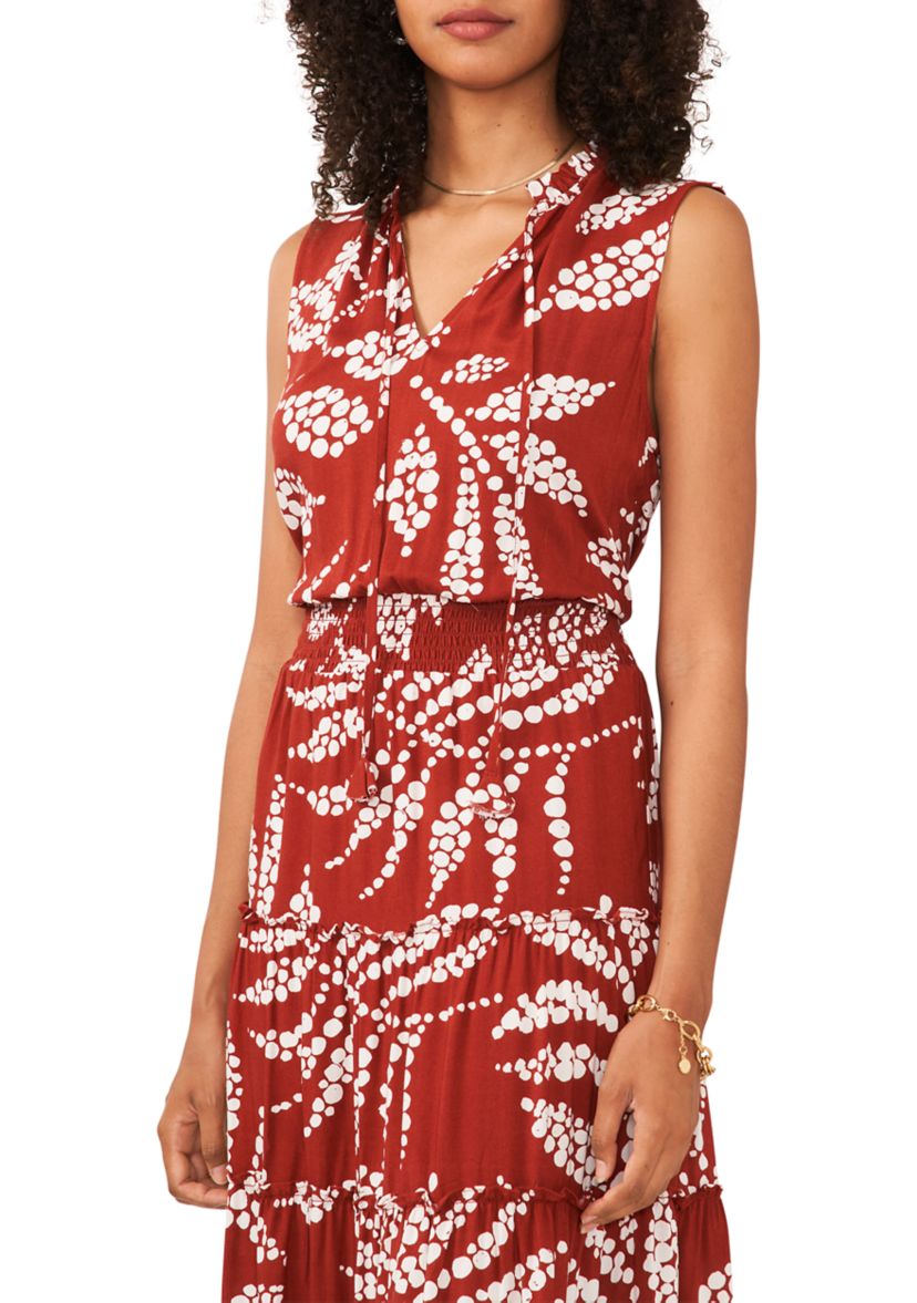 Womens Sleeveless Tie Neck Printed Smocked Waist Midi Dress