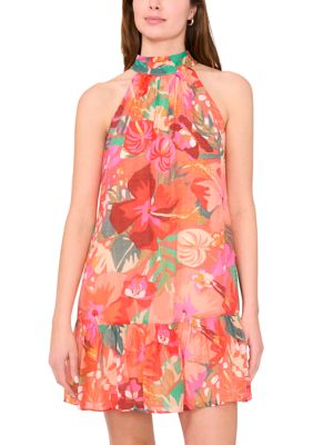 MSK Women's Sleeveless Halter Neck Floral Print A-Line Dress, Orange, XL