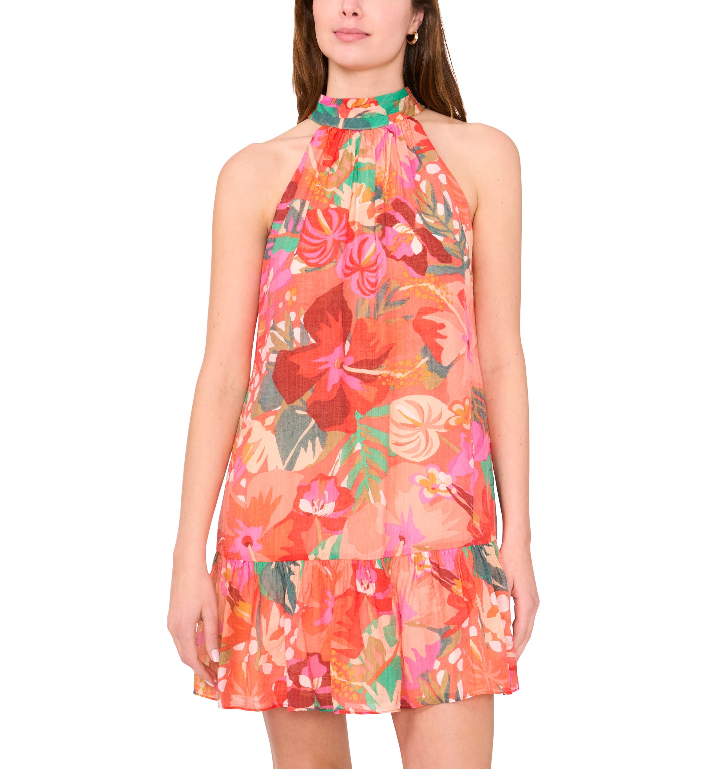 Womens Sleeveless Halter Neck Floral Print A-Line Dress