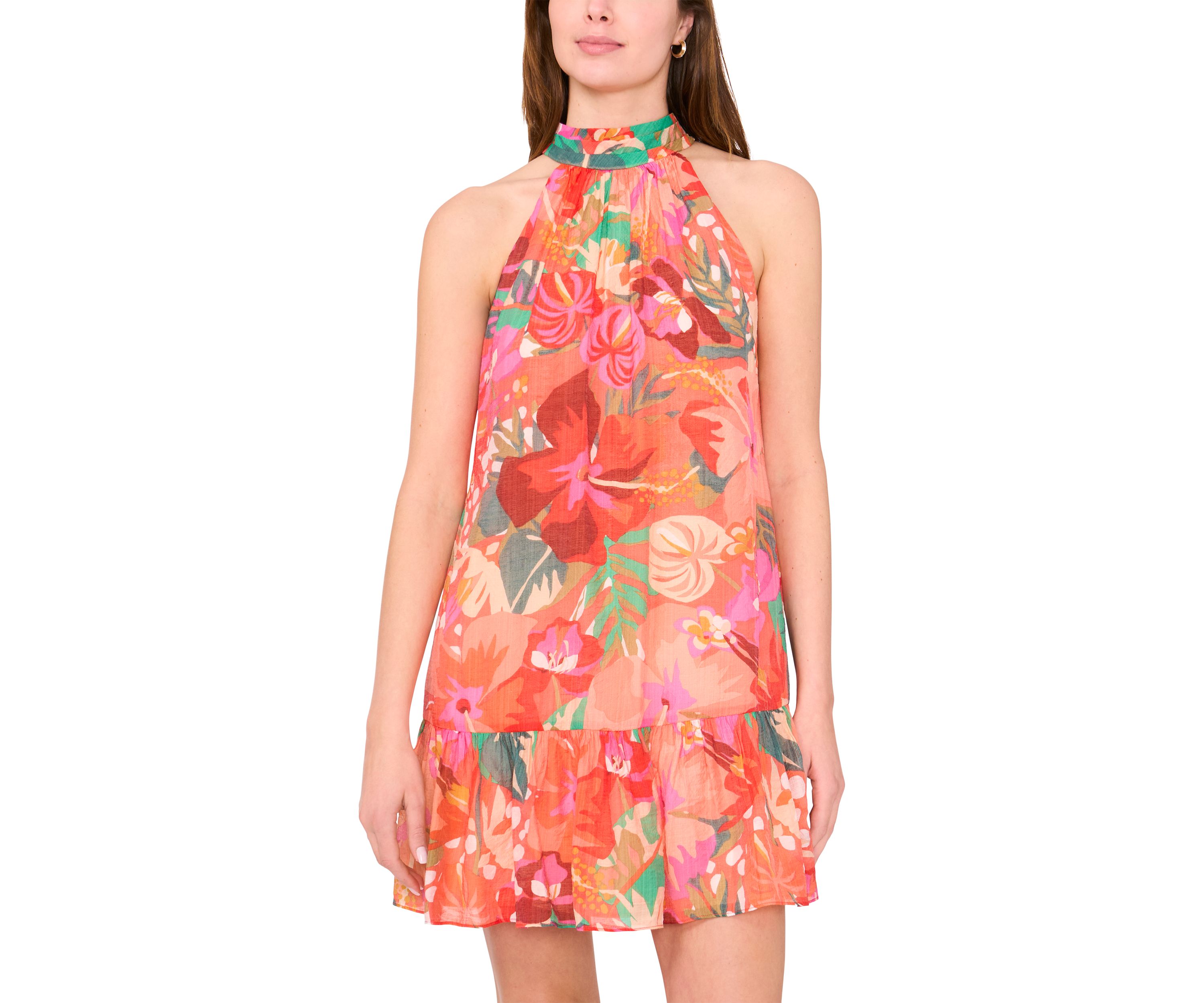 Womens Sleeveless Halter Neck Floral Print A-Line Dress