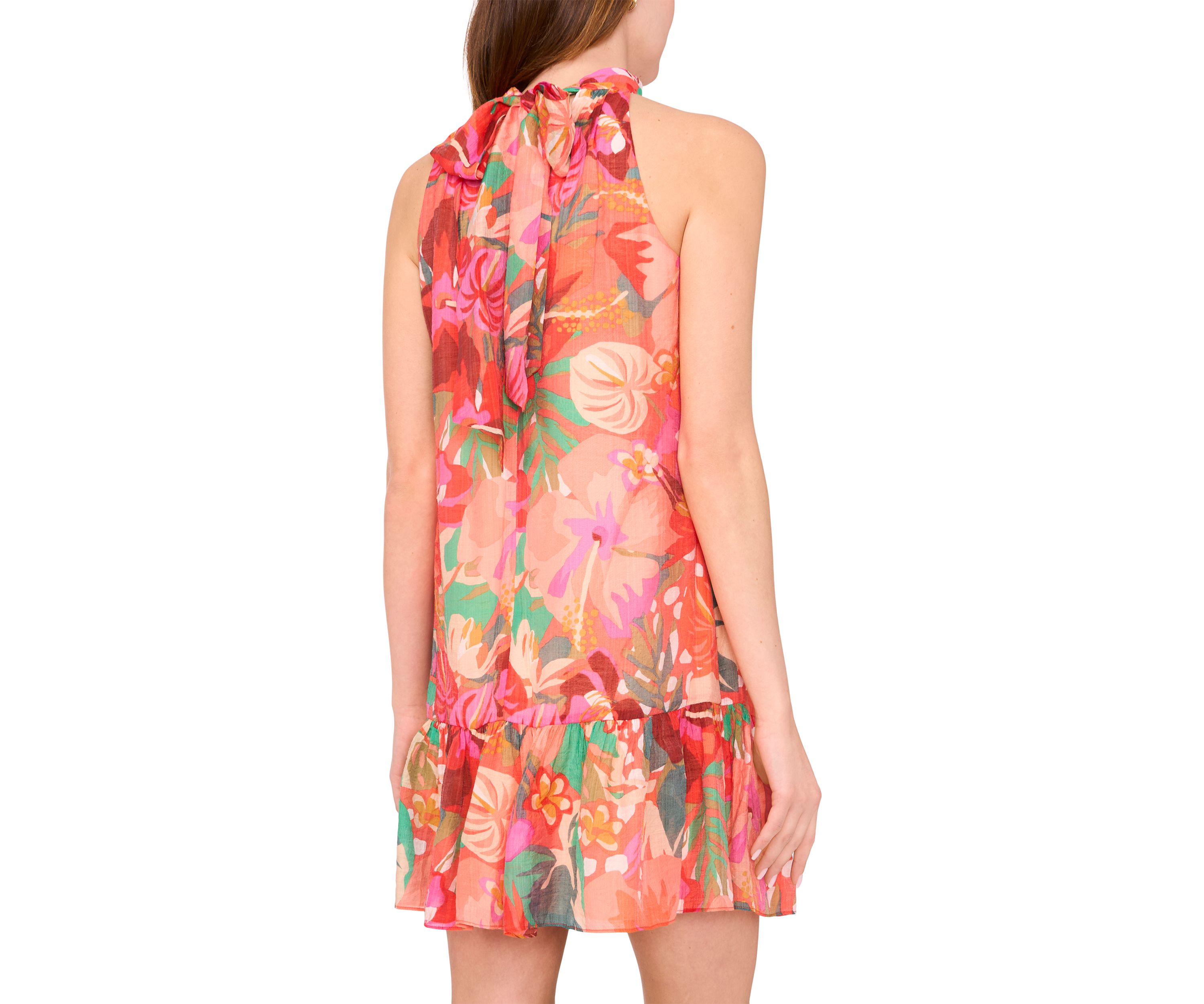 Womens Sleeveless Halter Neck Floral Print A-Line Dress