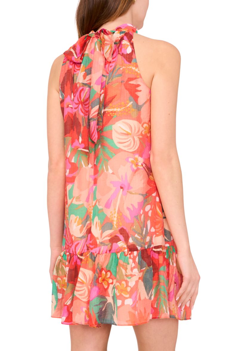 Womens Sleeveless Halter Neck Floral Print A-Line Dress