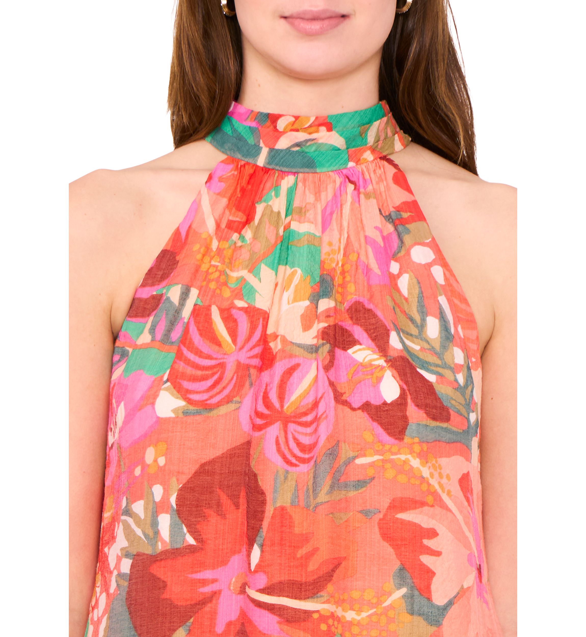 Womens Sleeveless Halter Neck Floral Print A-Line Dress