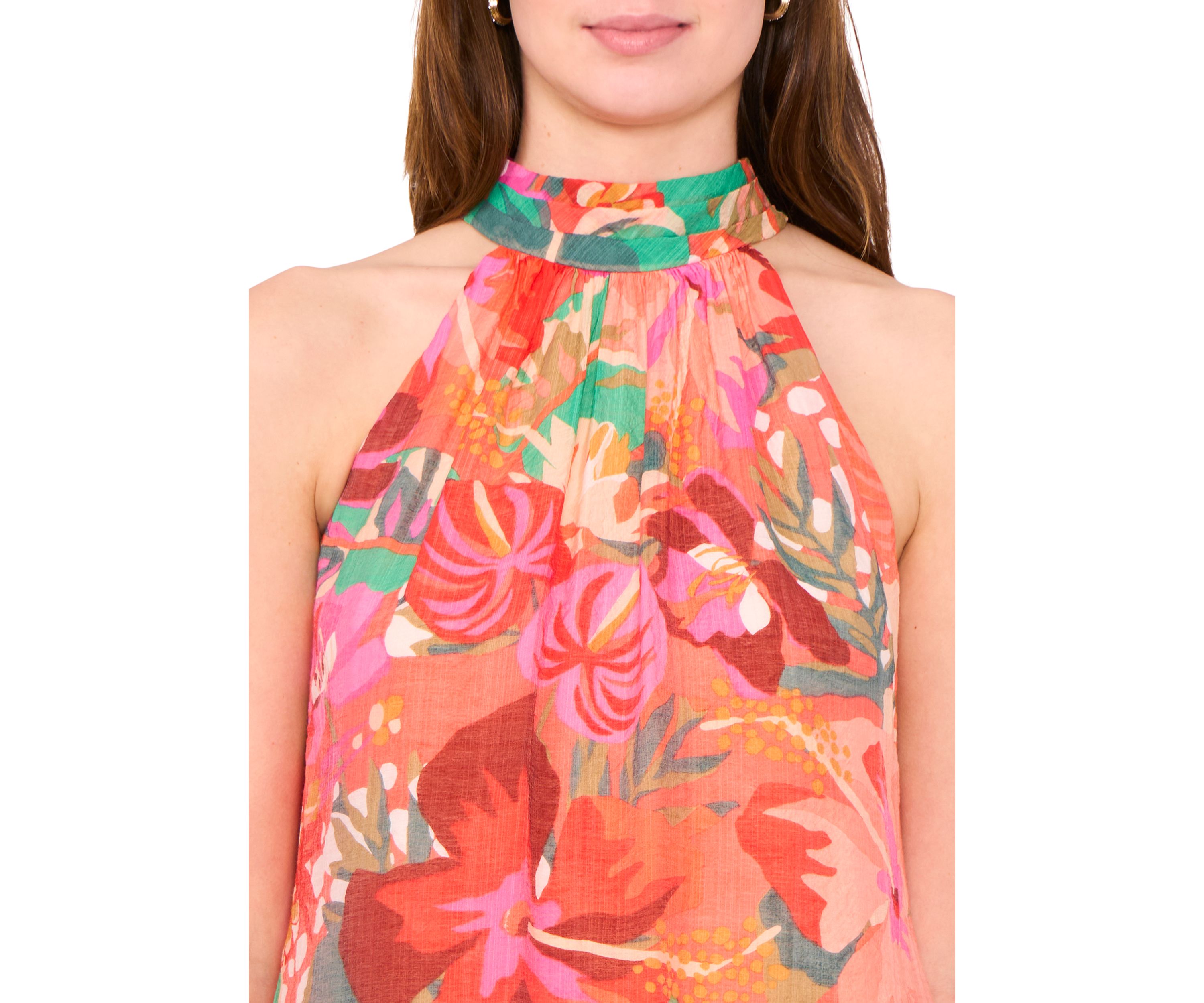 Womens Sleeveless Halter Neck Floral Print A-Line Dress