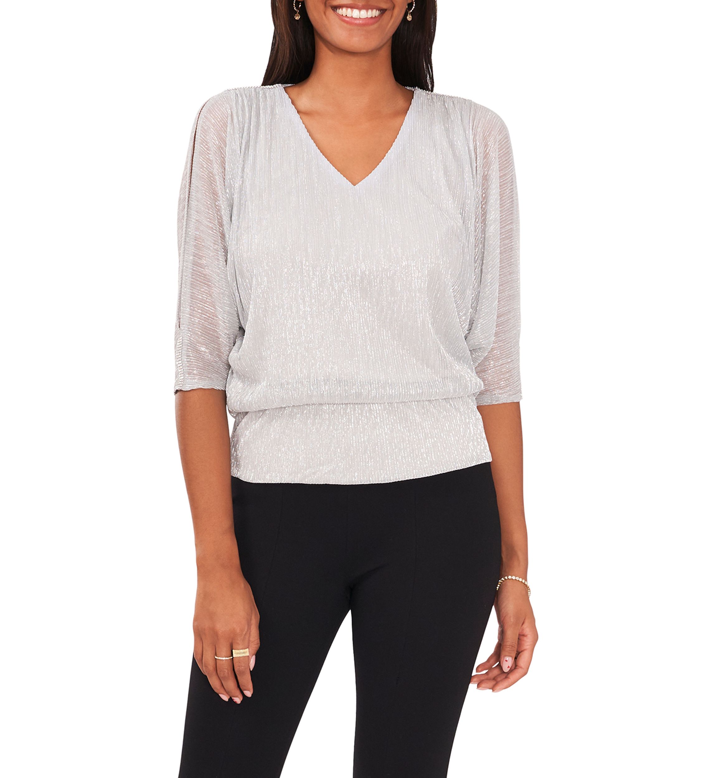 Womens 3/4 Sleeve V-Neck Sparkly Blouse