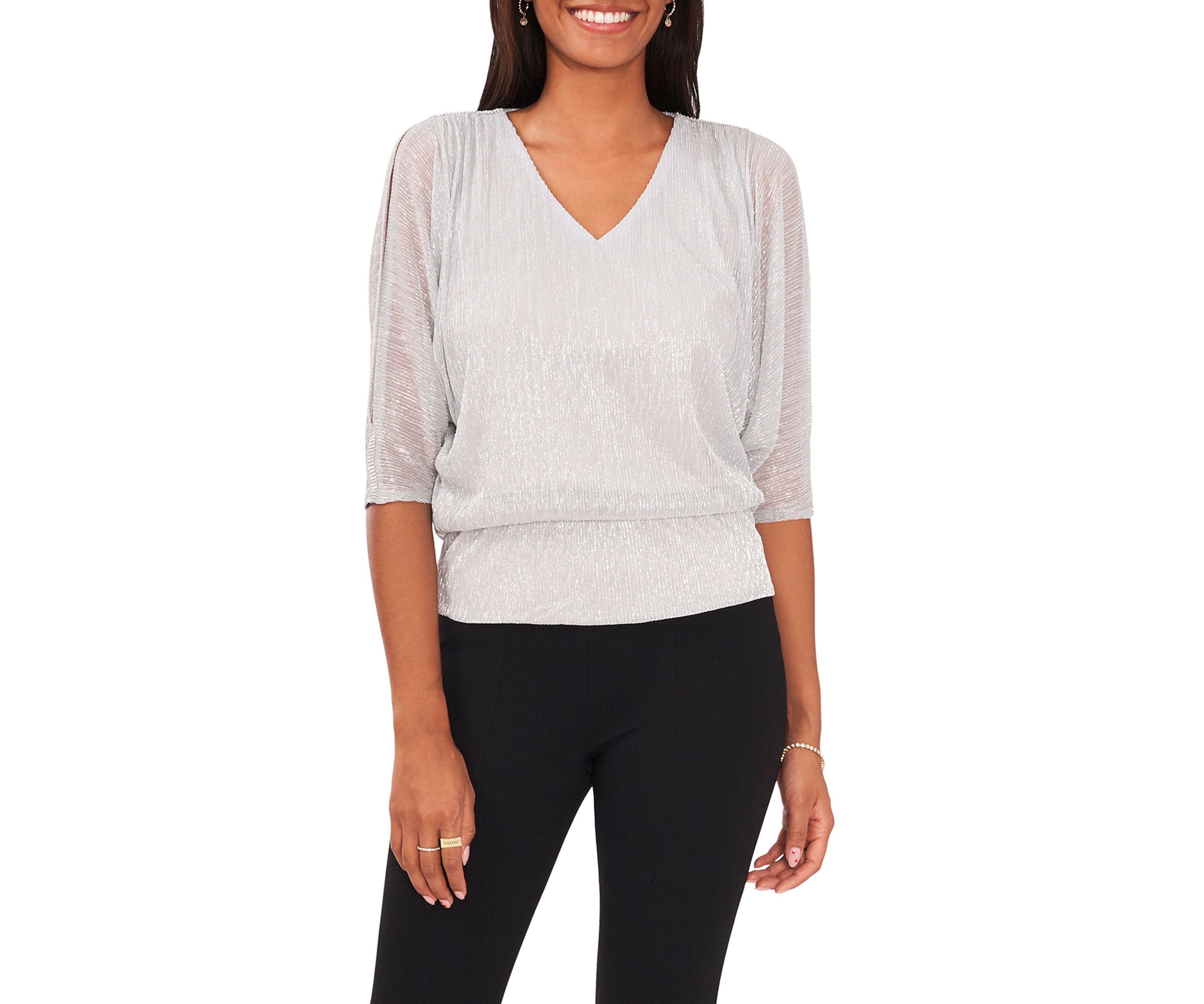 Womens 3/4 Sleeve V-Neck Sparkly Blouse