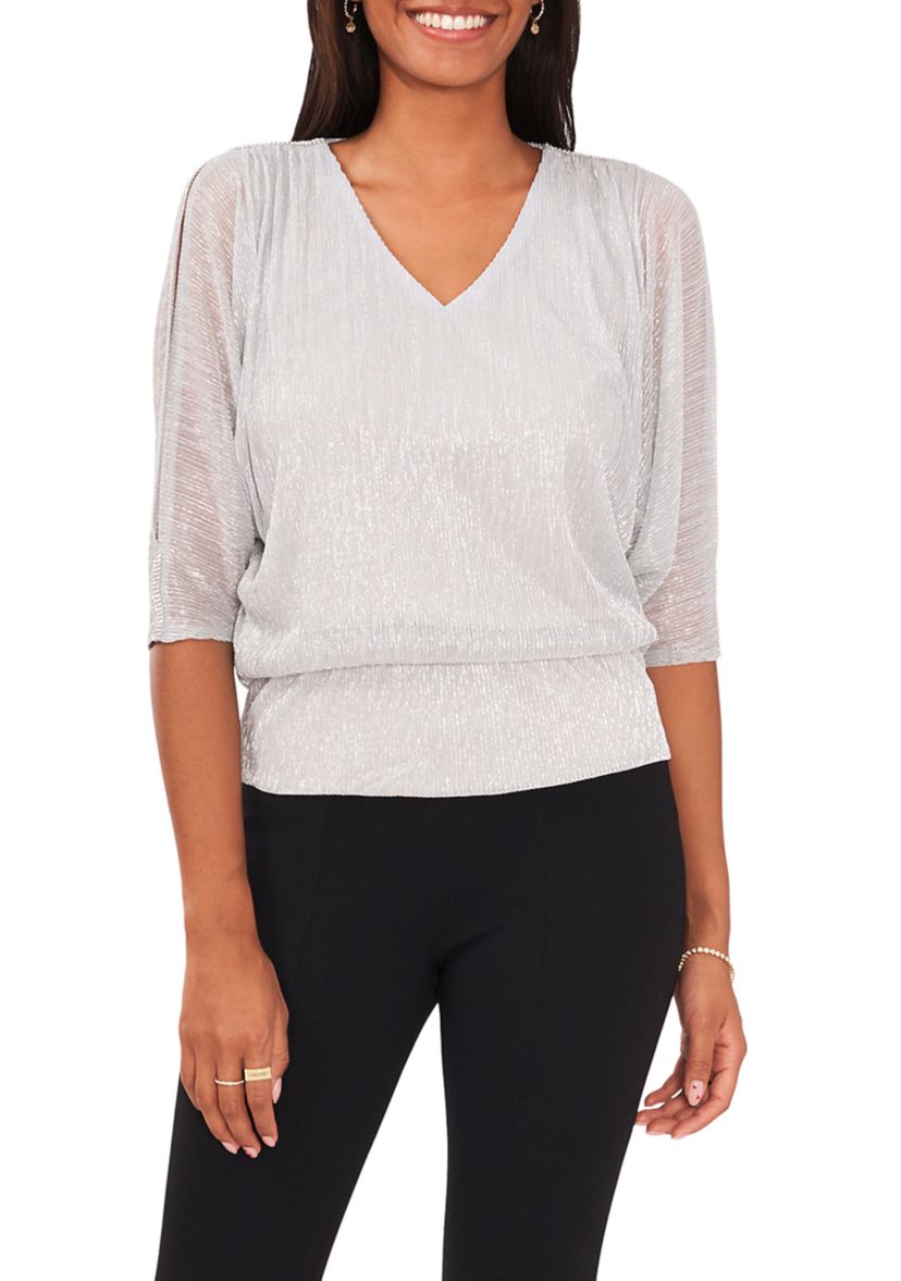 Womens 3/4 Sleeve V-Neck Sparkly Blouse