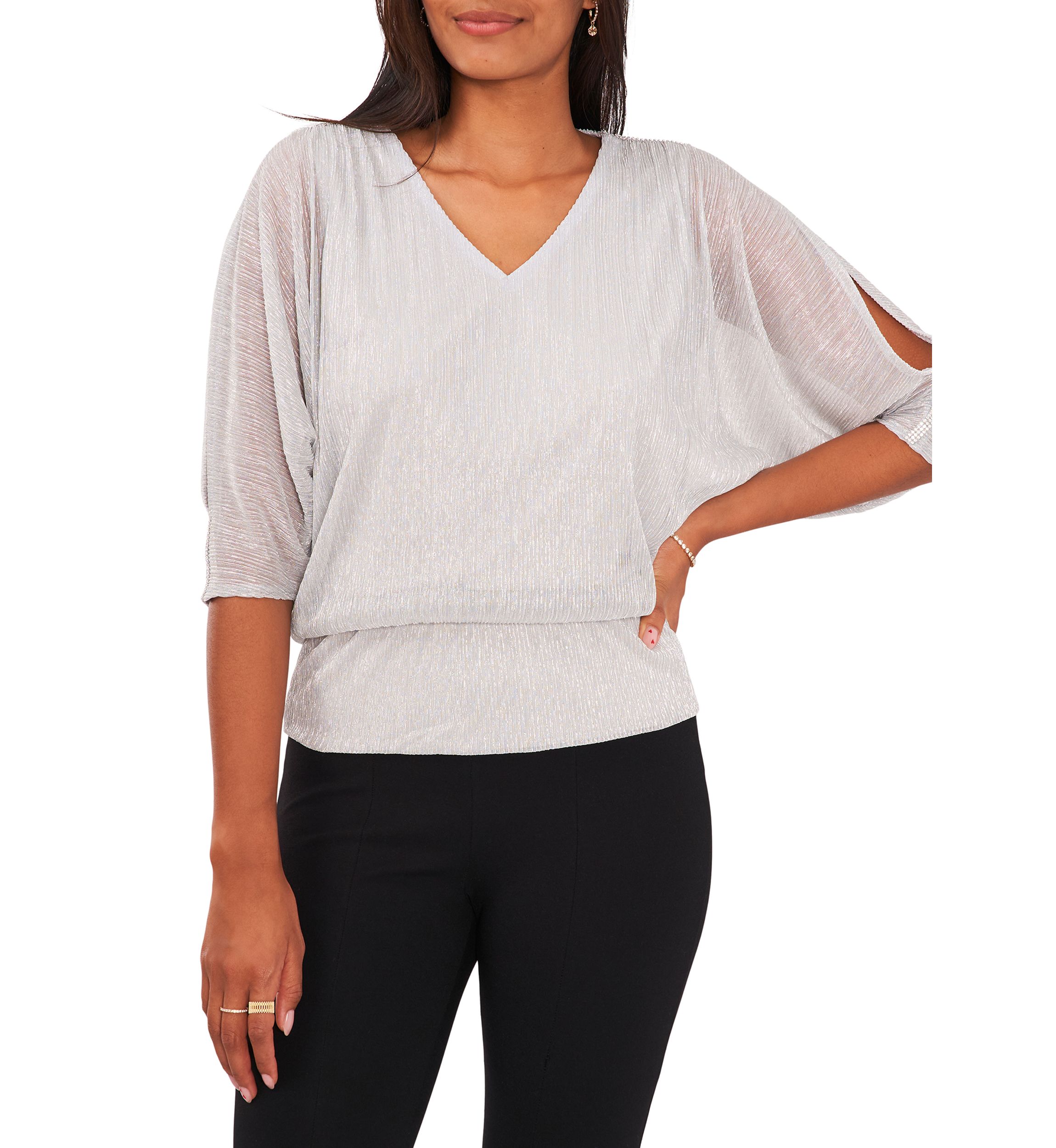 Womens 3/4 Sleeve V-Neck Sparkly Blouse