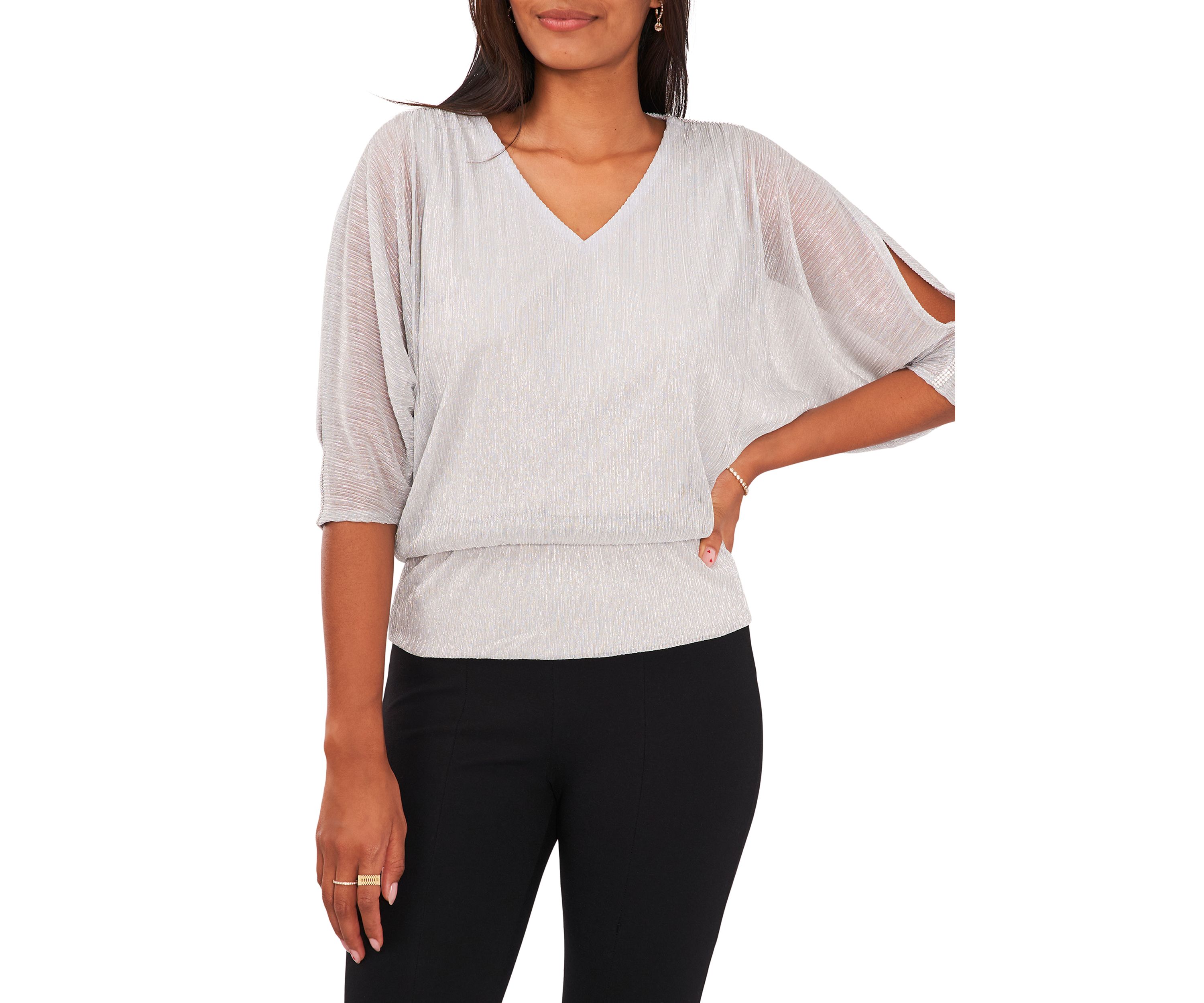 Womens 3/4 Sleeve V-Neck Sparkly Blouse