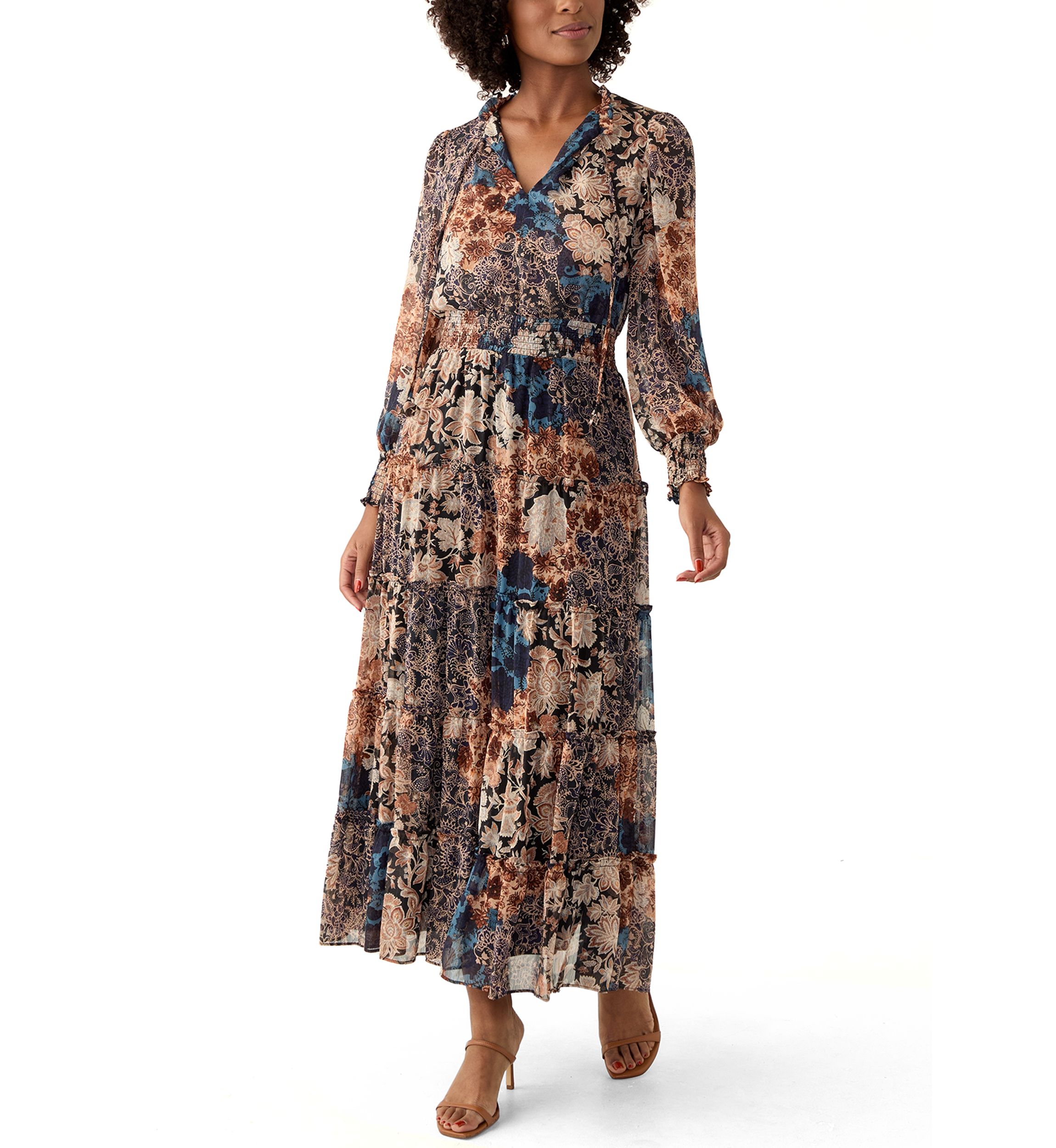 Womens Long Sleeve V-Neck Floral Print Tiered Ruffle Hem Midi Dress