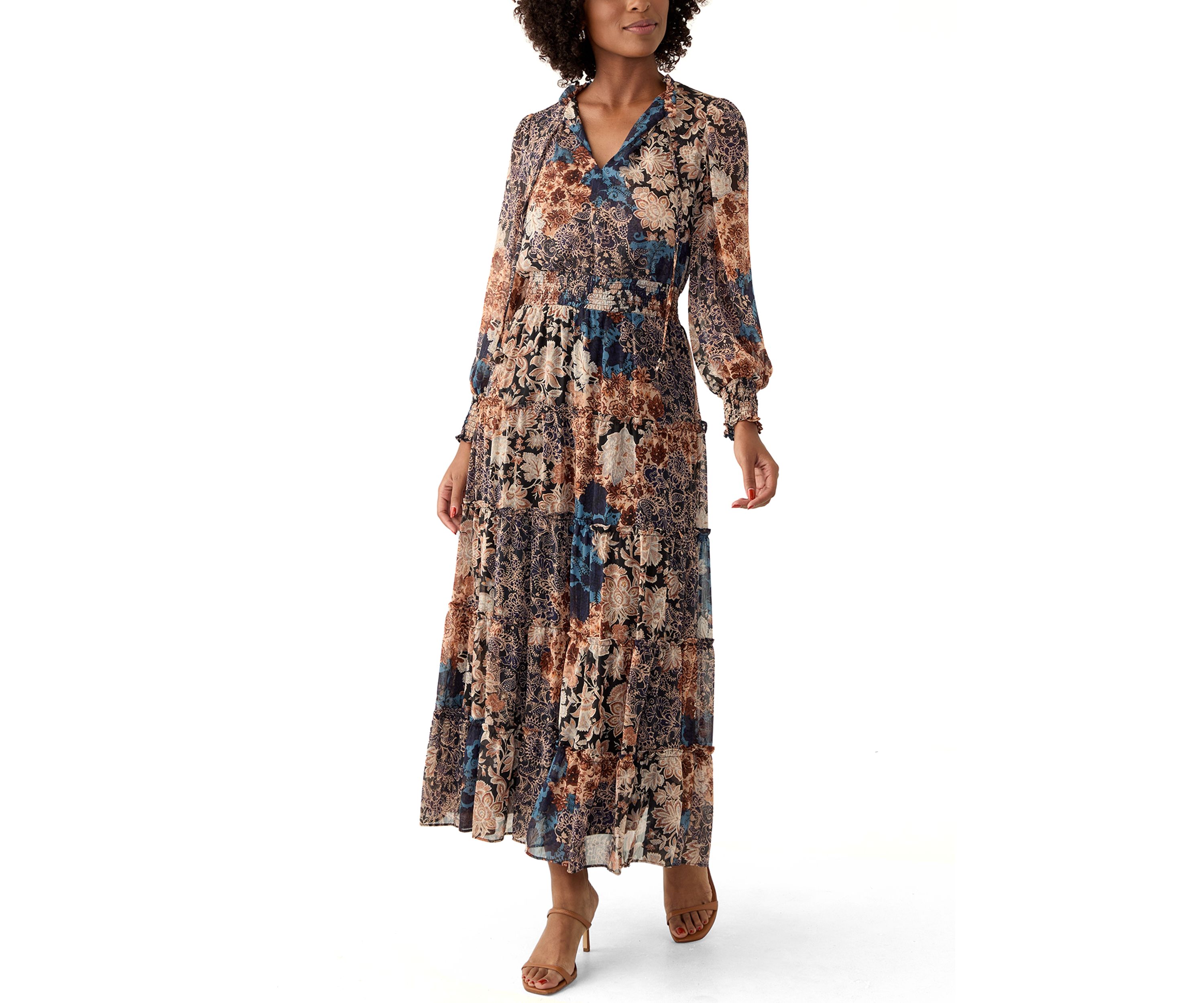 Womens Long Sleeve V-Neck Floral Print Tiered Ruffle Hem Midi Dress
