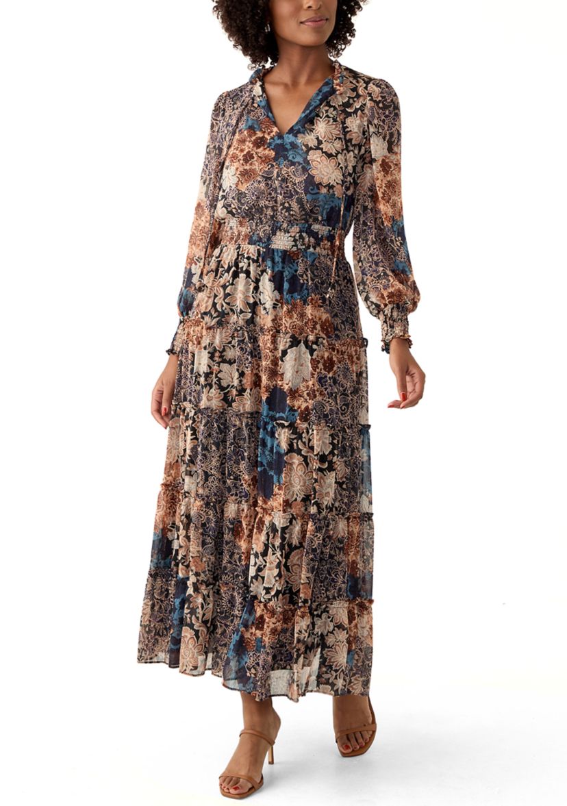 Womens Long Sleeve V-Neck Floral Print Tiered Ruffle Hem Midi Dress