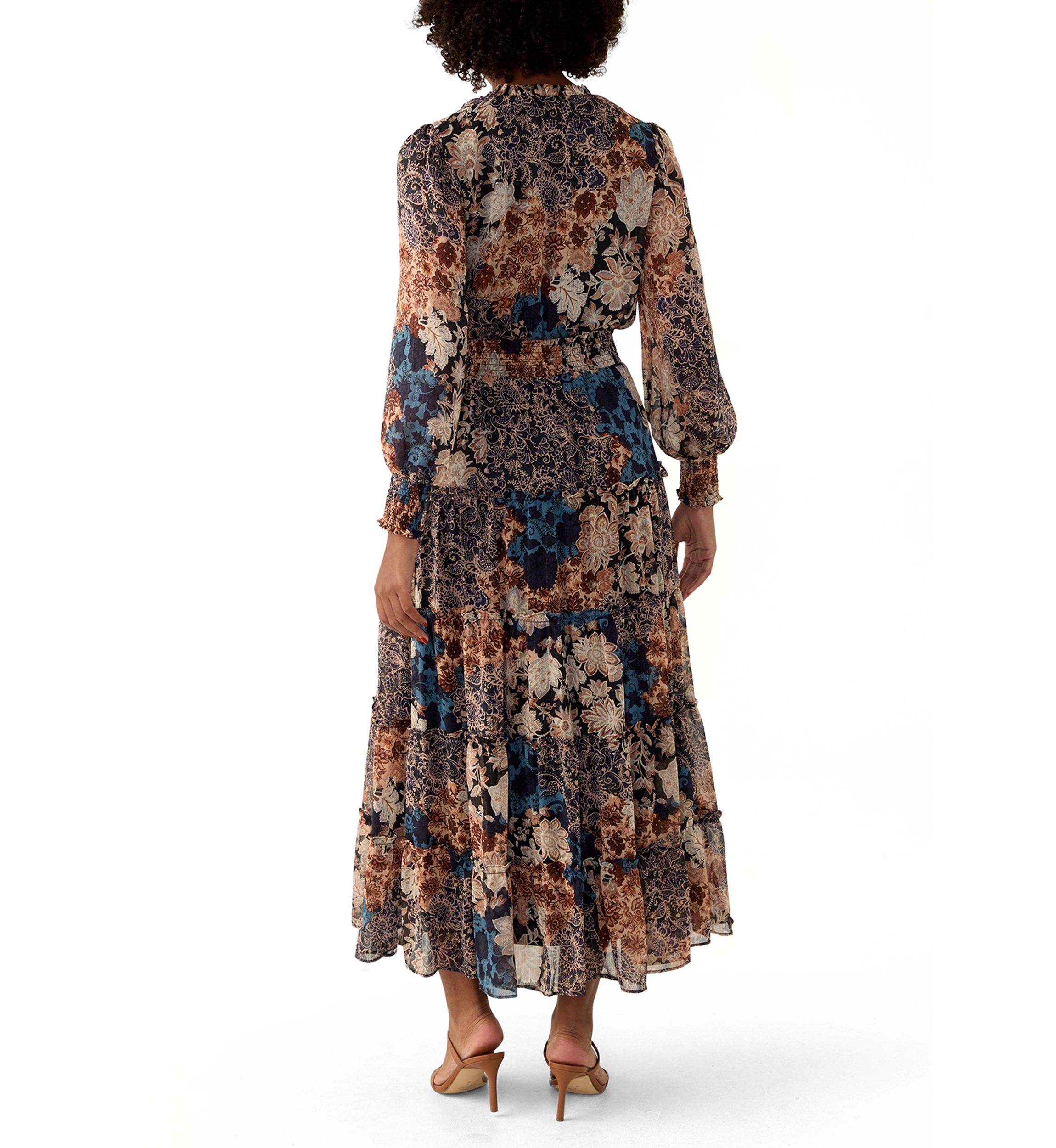 Womens Long Sleeve V-Neck Floral Print Tiered Ruffle Hem Midi Dress