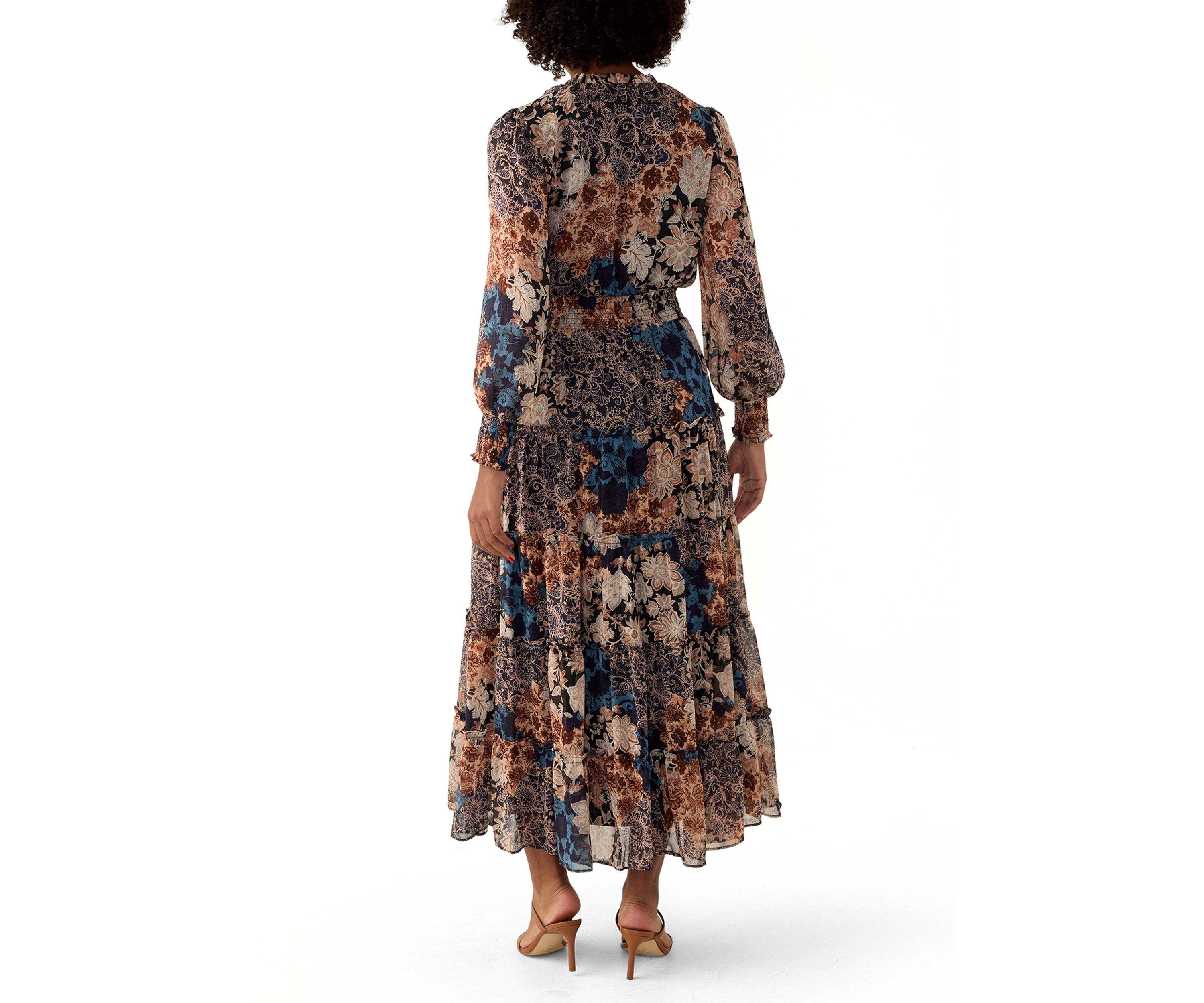 Womens Long Sleeve V-Neck Floral Print Tiered Ruffle Hem Midi Dress