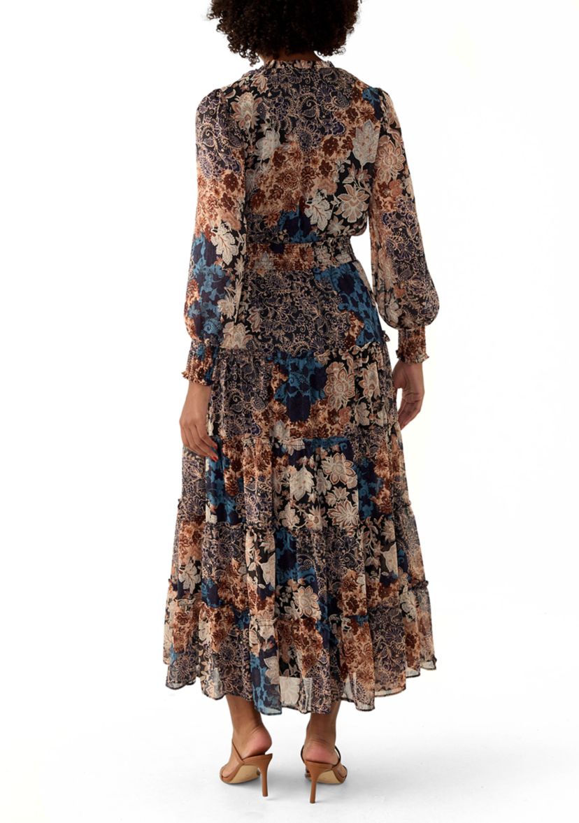 Womens Long Sleeve V-Neck Floral Print Tiered Ruffle Hem Midi Dress
