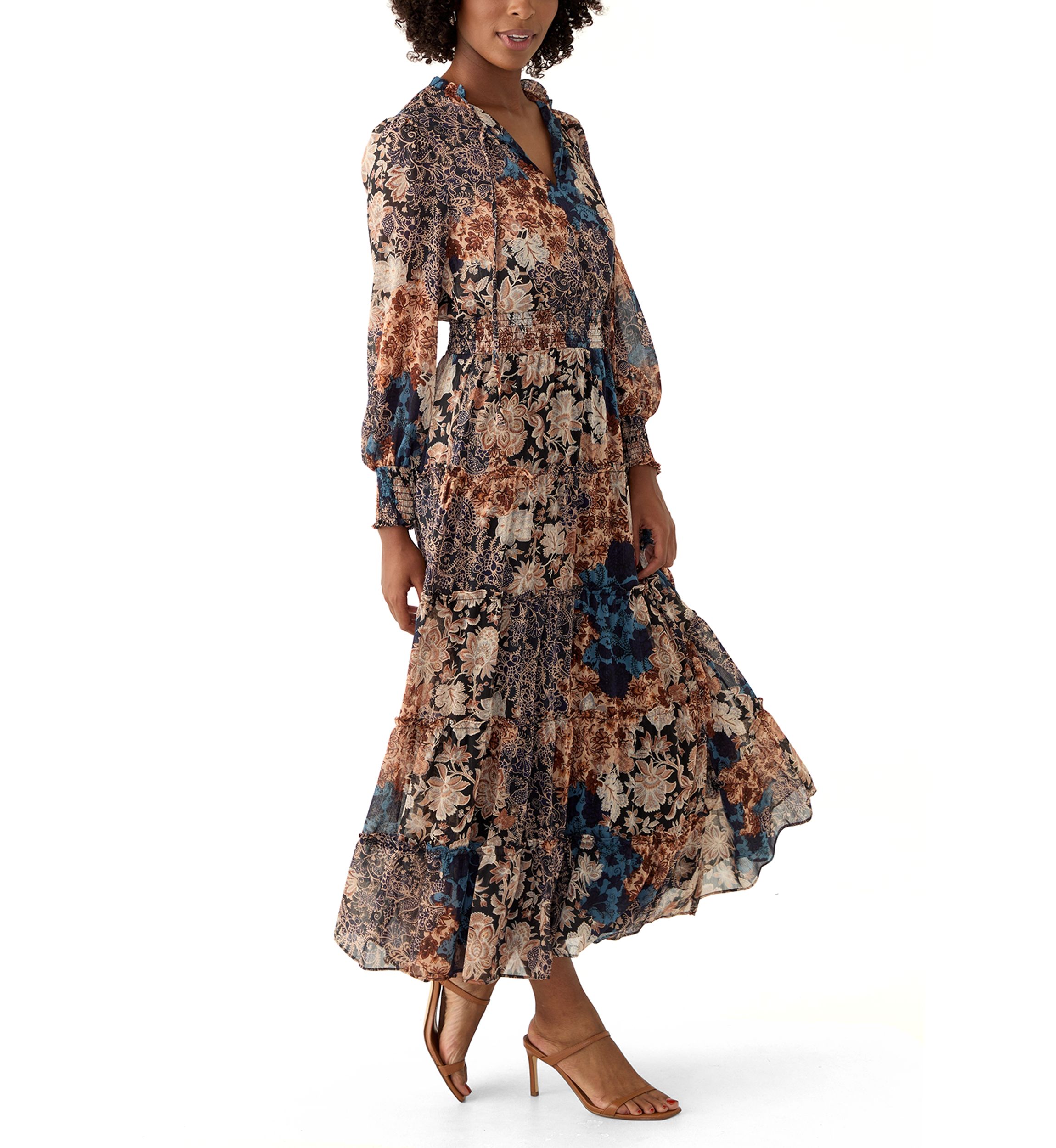 Womens Long Sleeve V-Neck Floral Print Tiered Ruffle Hem Midi Dress