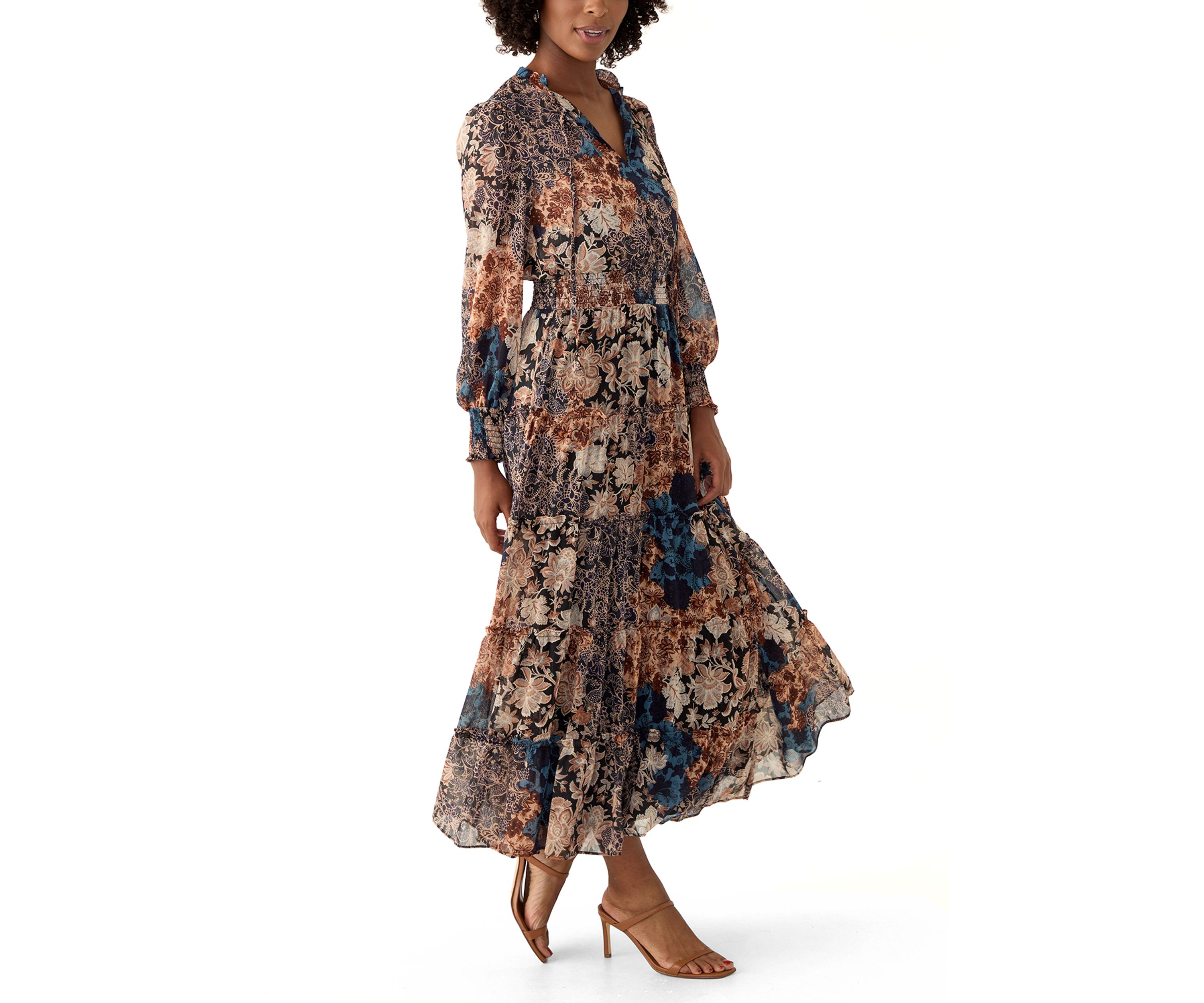 Womens Long Sleeve V-Neck Floral Print Tiered Ruffle Hem Midi Dress