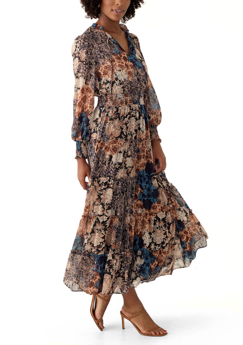 Womens Long Sleeve V-Neck Floral Print Tiered Ruffle Hem Midi Dress