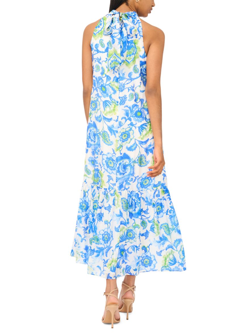 MSK Women's Halter Floral Challis Maxi Dress, Ivory, Medium