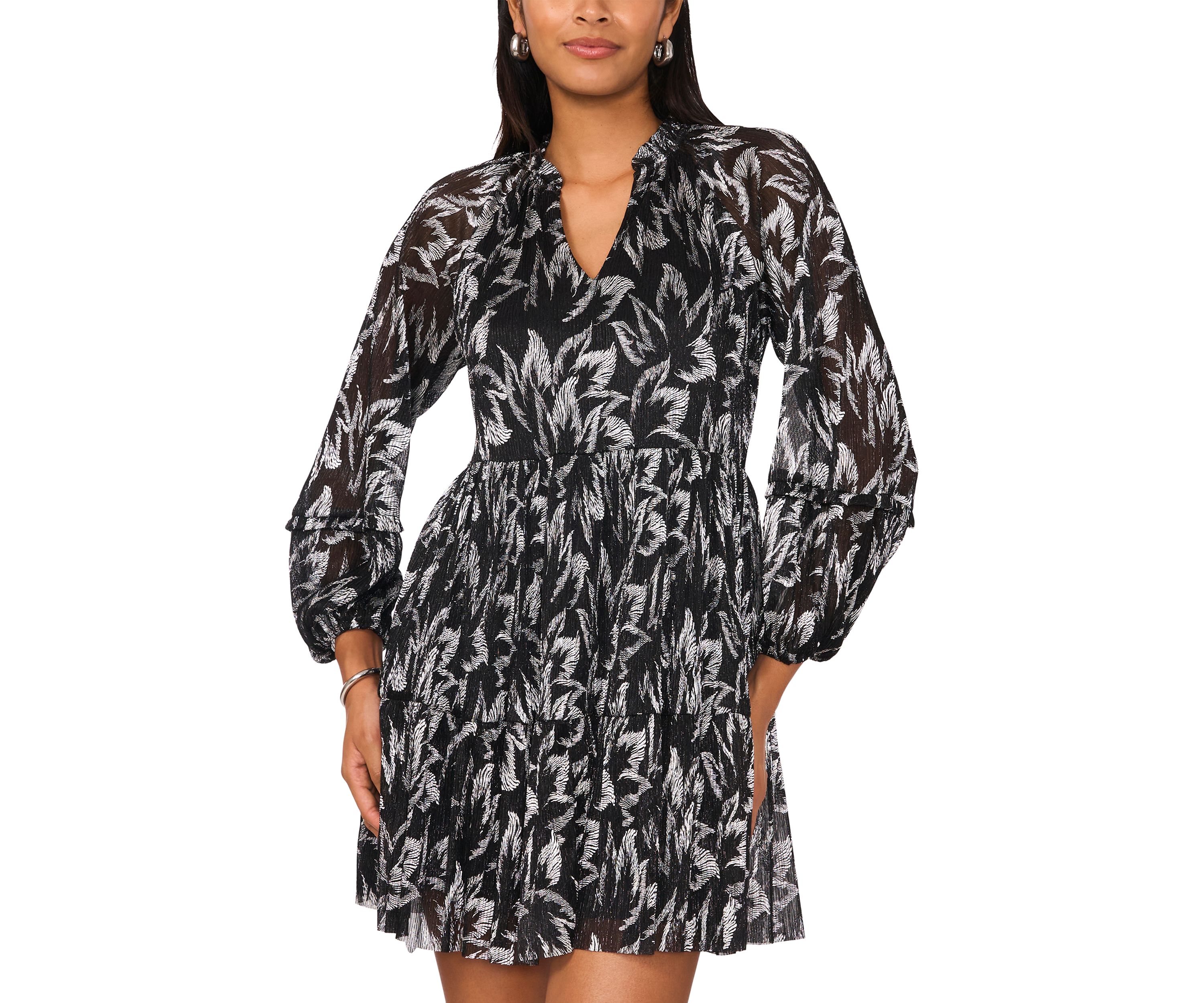Womens Long Sleeve V-Neck Glitter A-Line Dress 