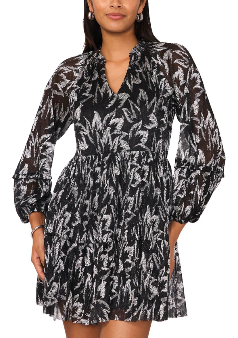 Womens Long Sleeve V-Neck Glitter A-Line Dress 