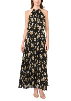 MSK Women's Sleeveless Chiffon Halter Neck Foil Floral Dress, 14