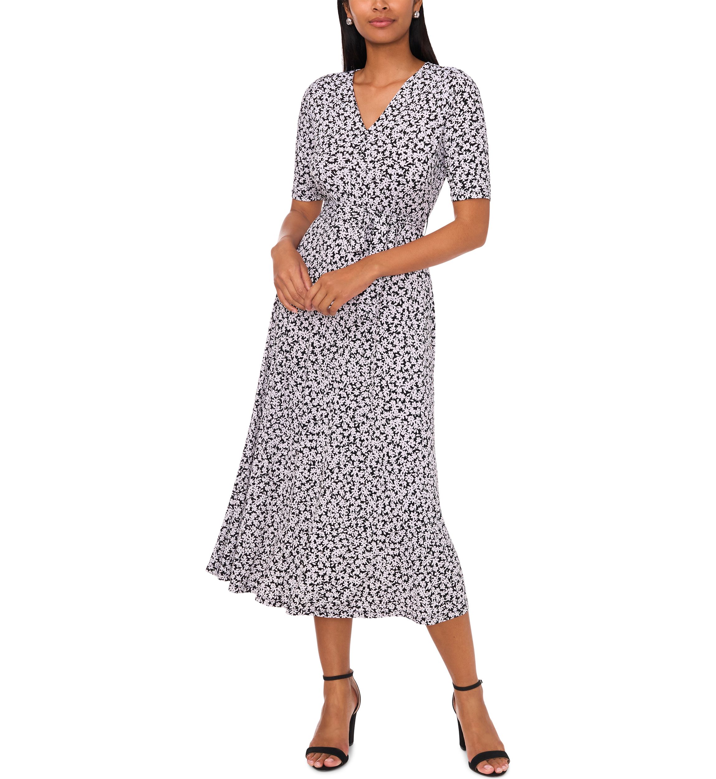 Womens Printed Belted V-Neck Dress