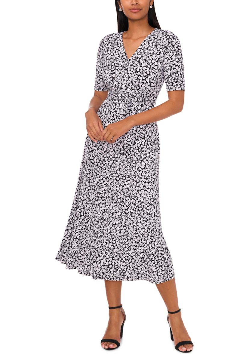 Womens Printed Belted V-Neck Dress