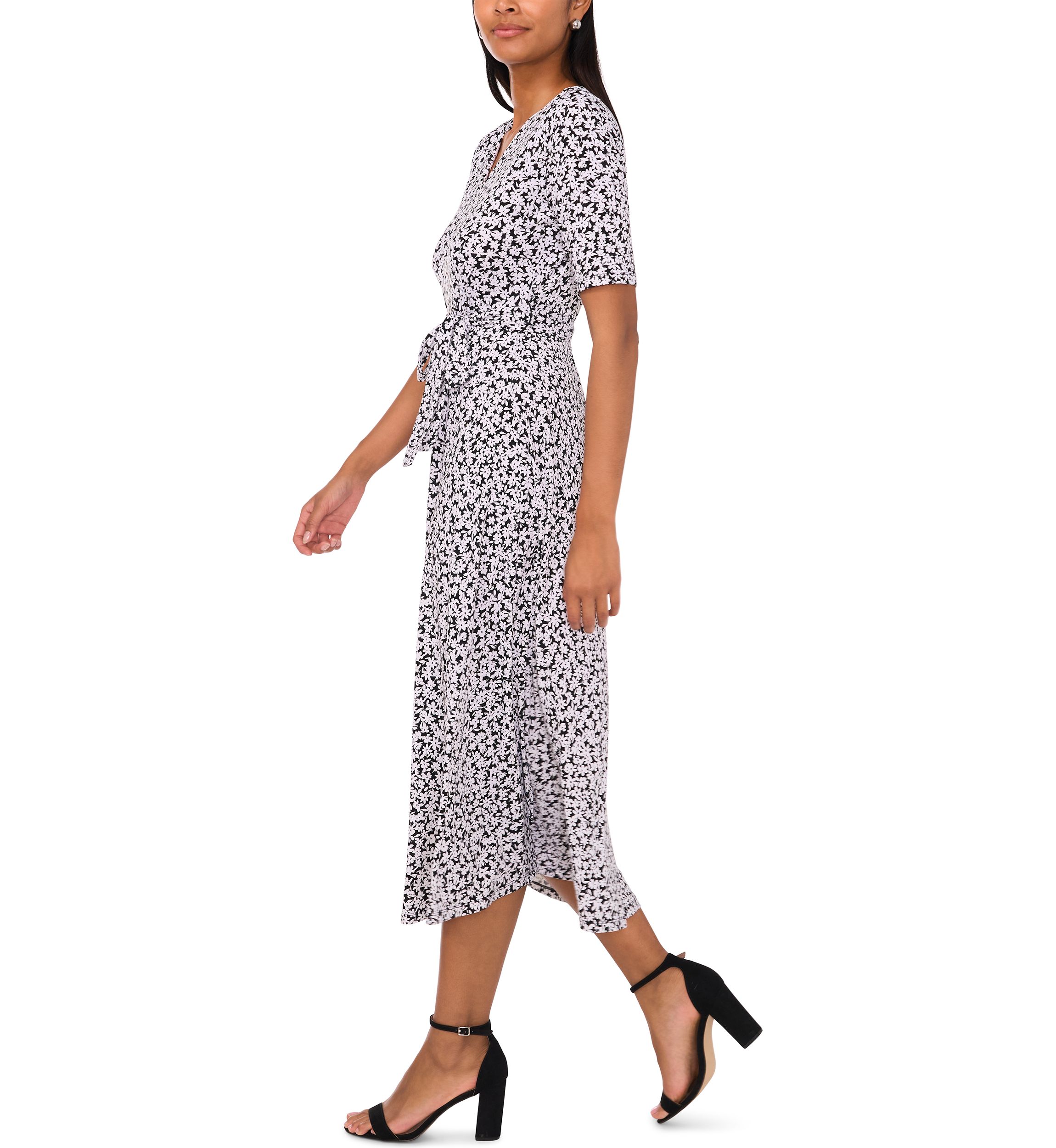 Womens Printed Belted V-Neck Dress
