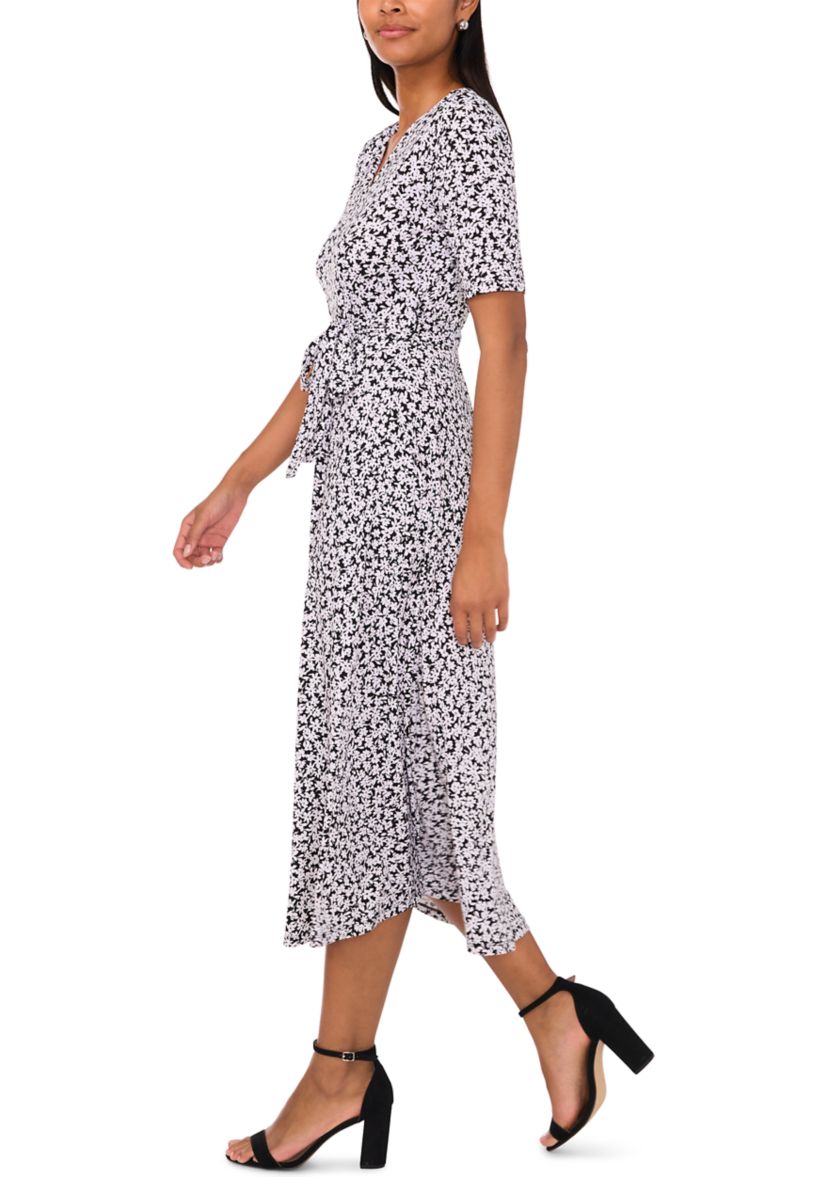 Womens Printed Belted V-Neck Dress