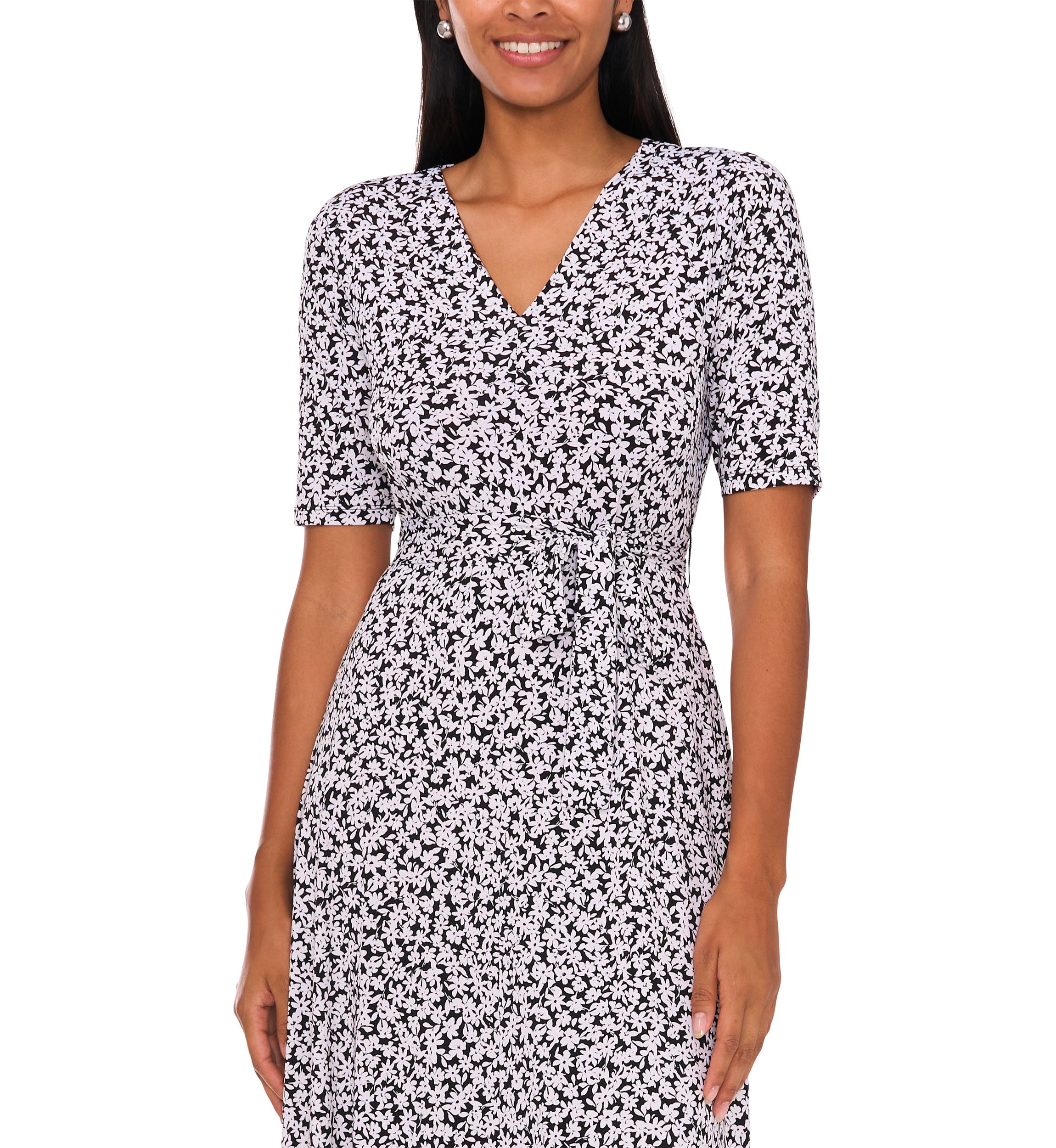 Womens Printed Belted V-Neck Dress