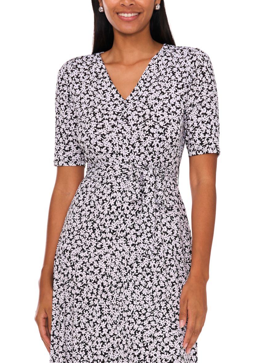 Womens Printed Belted V-Neck Dress