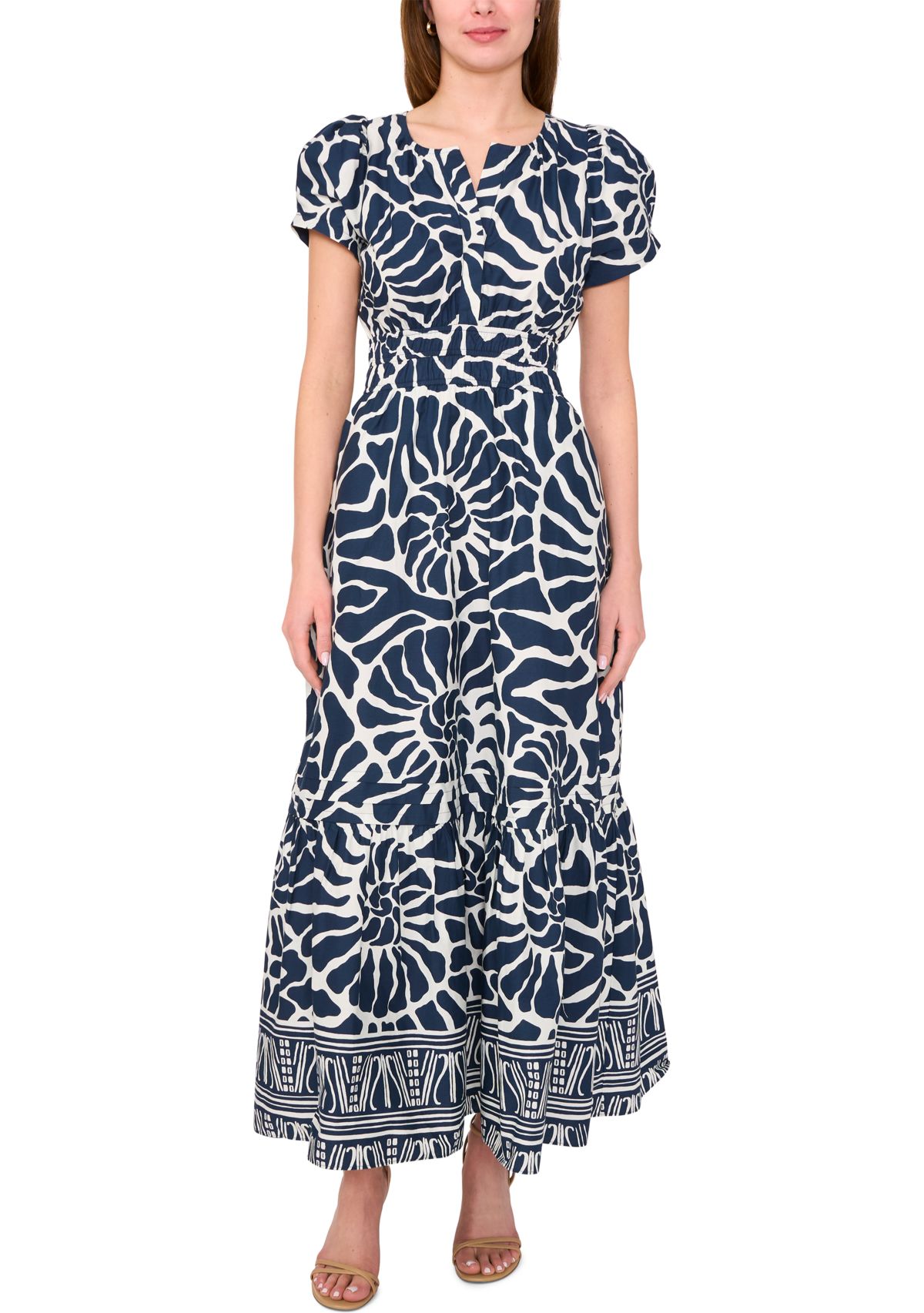 Womens Short Sleeve Split Neck Printed Maxi Dress