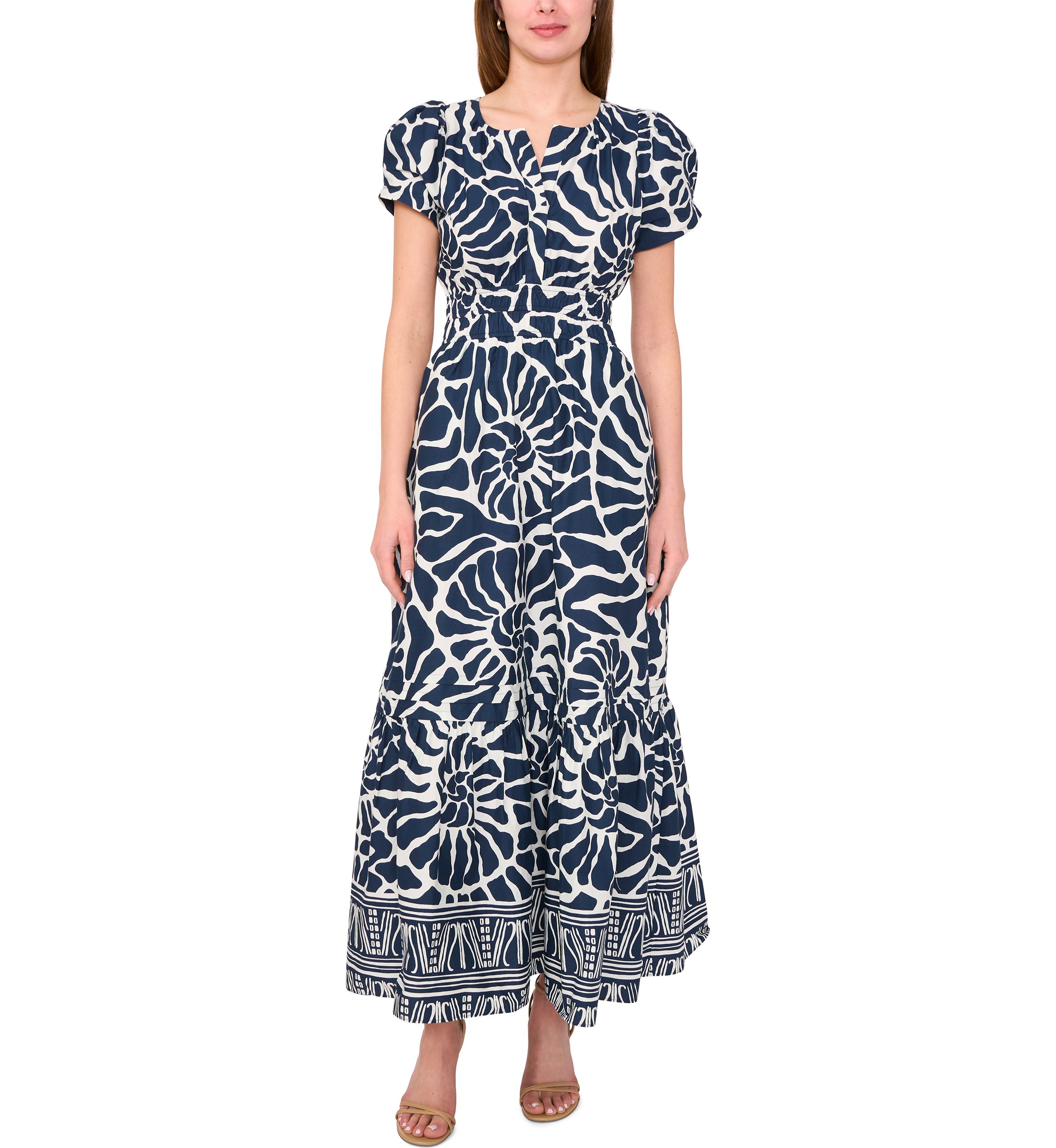 Womens Short Sleeve Split Neck Printed Maxi Dress