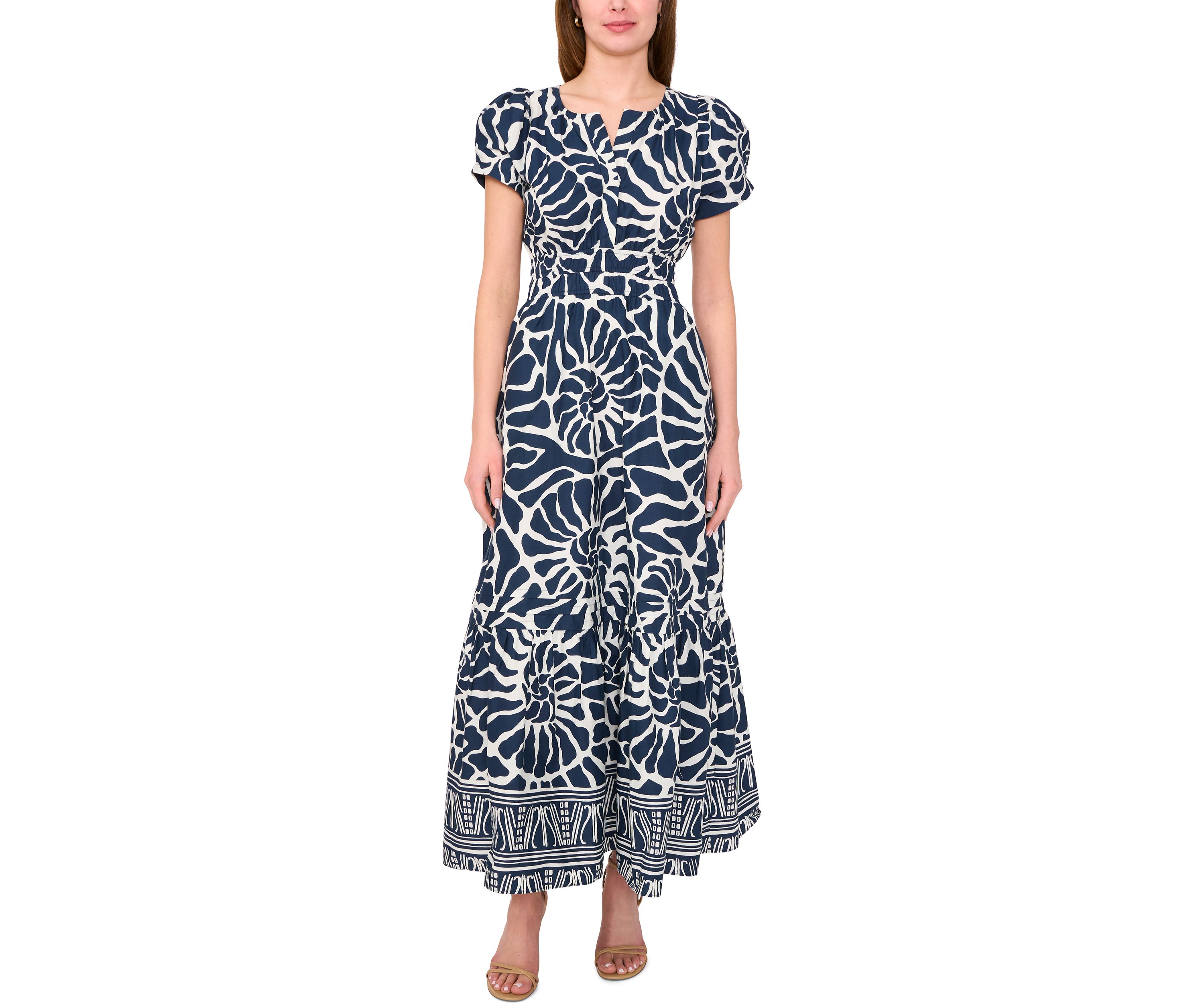 Womens Short Sleeve Split Neck Printed Maxi Dress