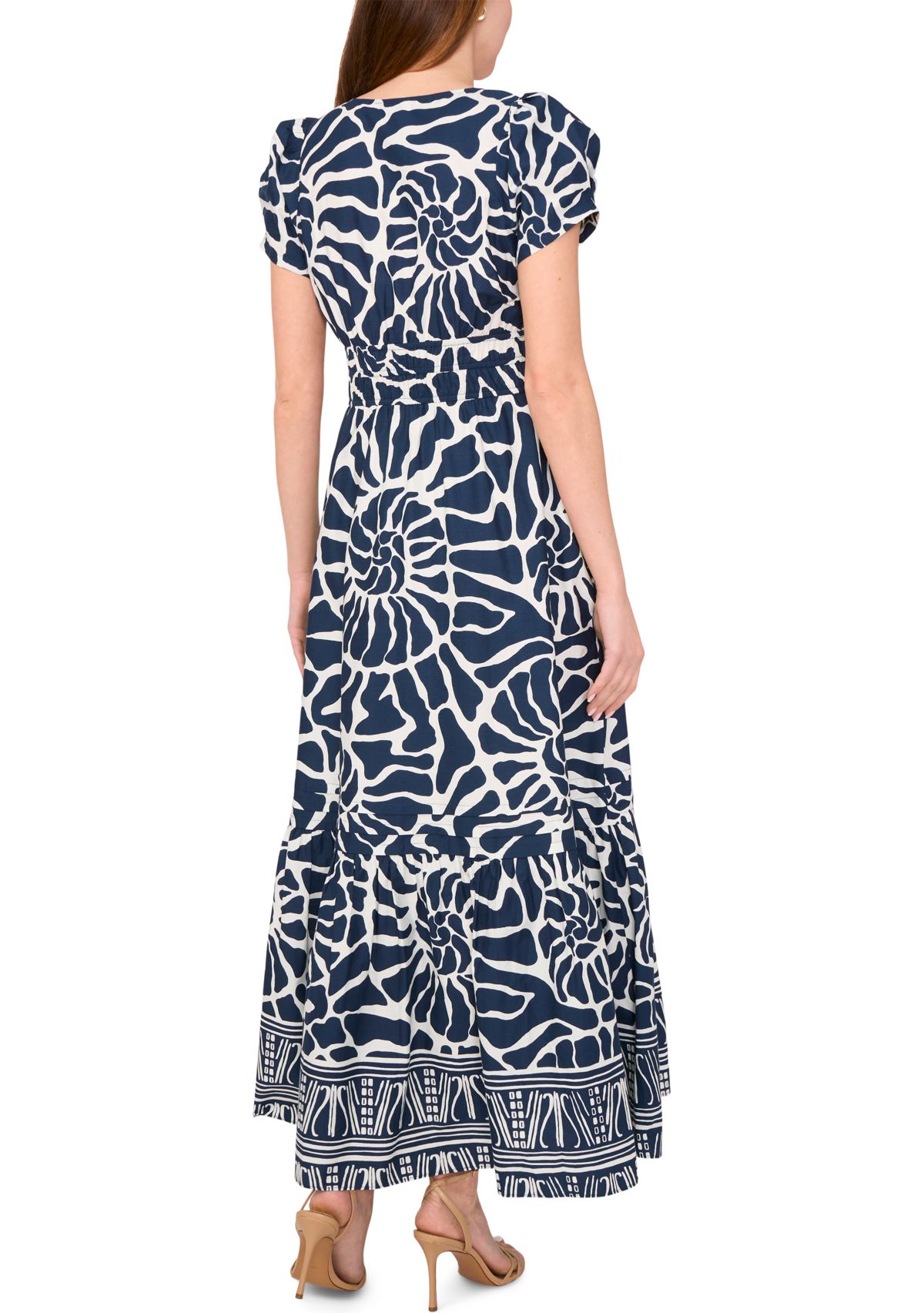 Womens Short Sleeve Split Neck Printed Maxi Dress
