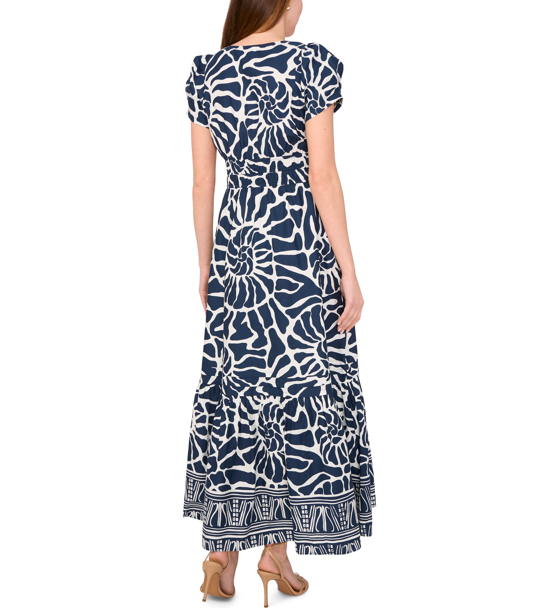 Womens Short Sleeve Split Neck Printed Maxi Dress