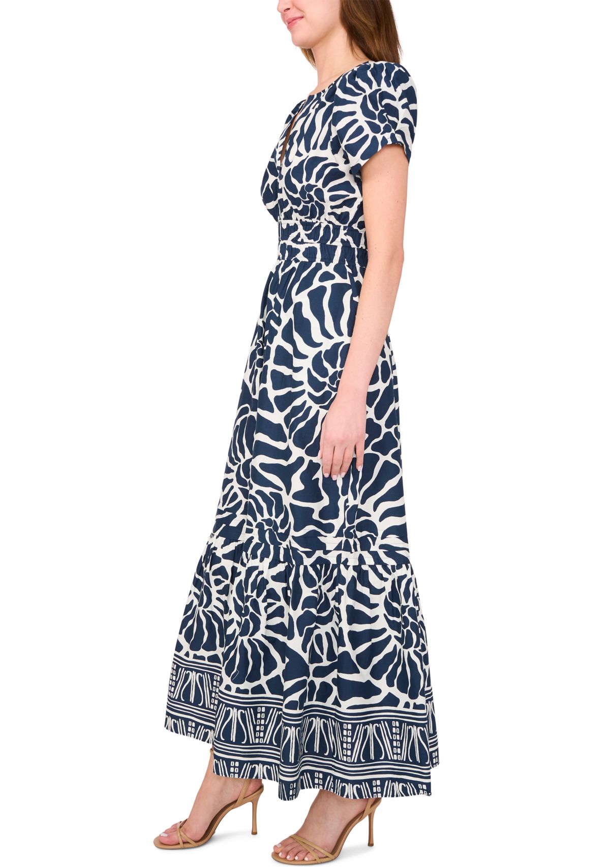 Womens Short Sleeve Split Neck Printed Maxi Dress