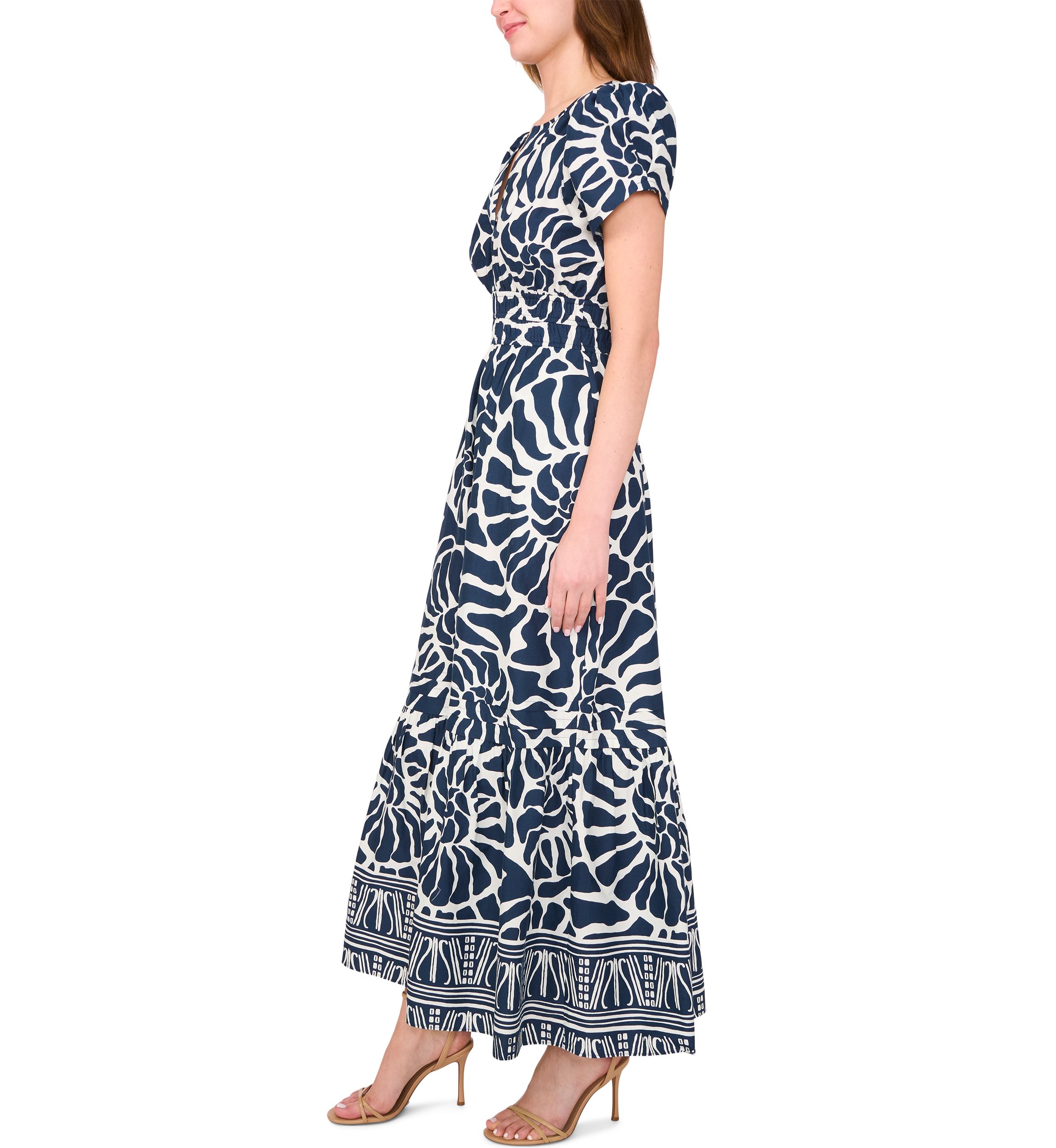 Womens Short Sleeve Split Neck Printed Maxi Dress