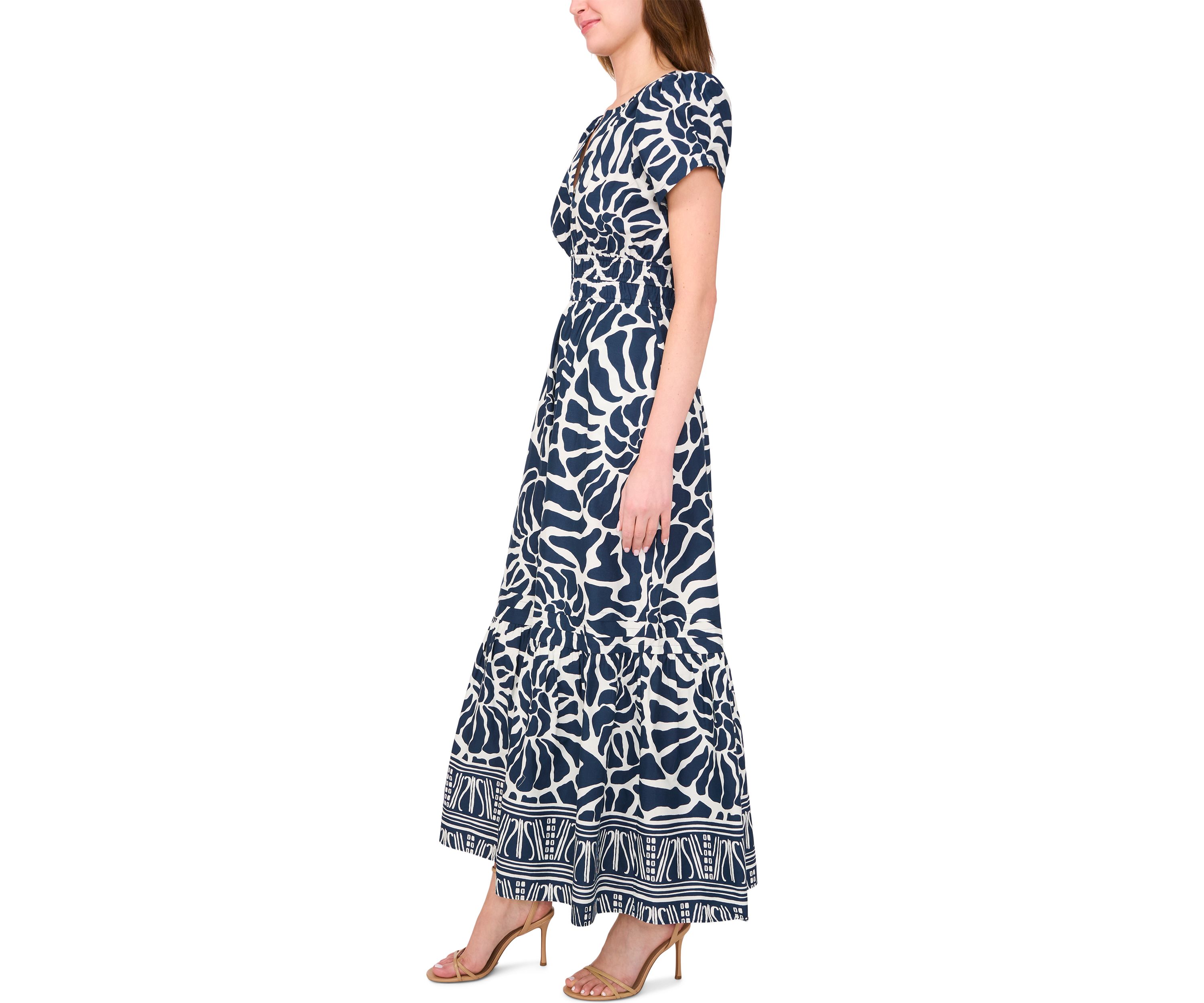 Womens Short Sleeve Split Neck Printed Maxi Dress