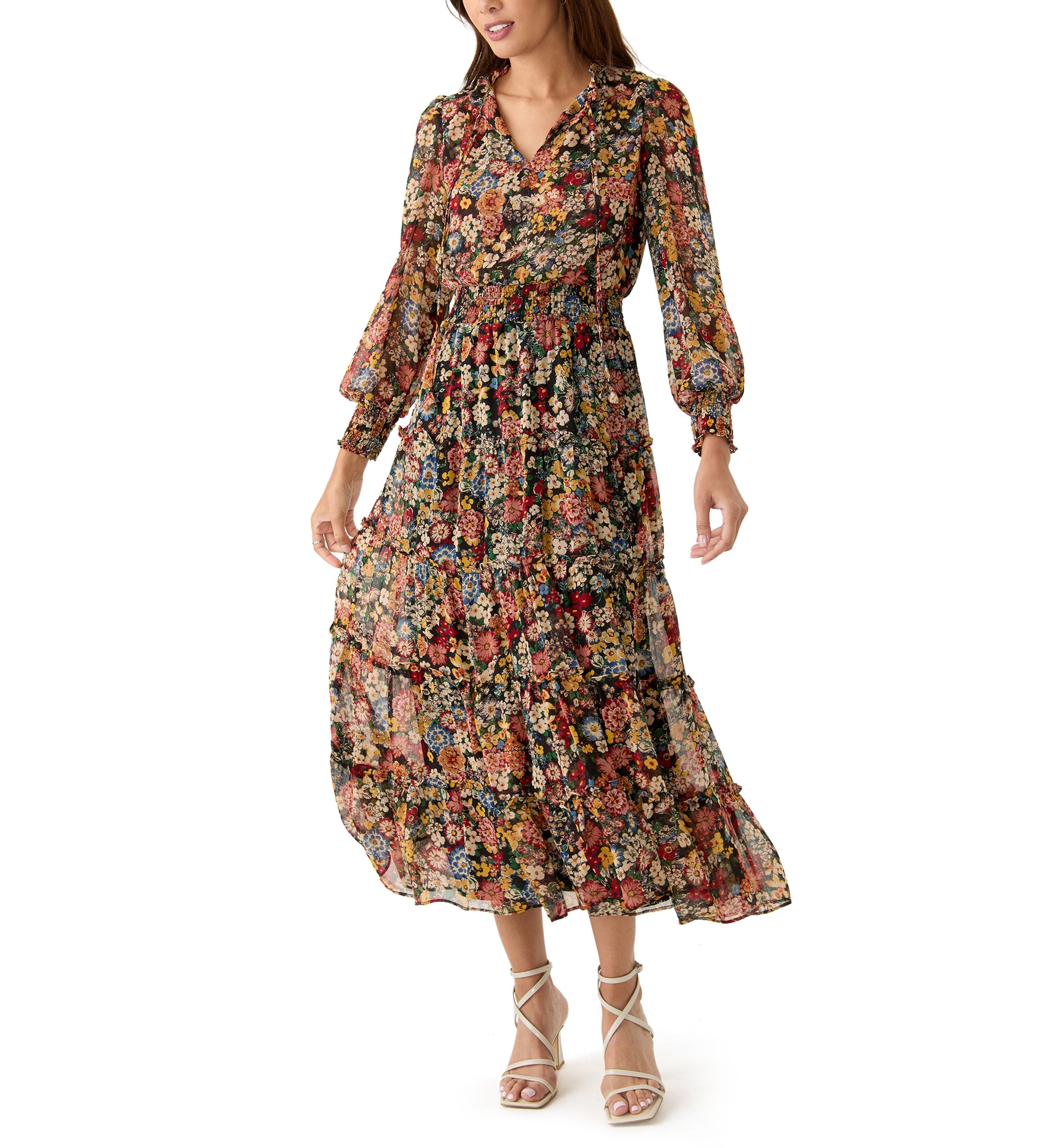 Womens Long Sleeve V-Neck Printed Chiffon Midi Fit and Flare Dress