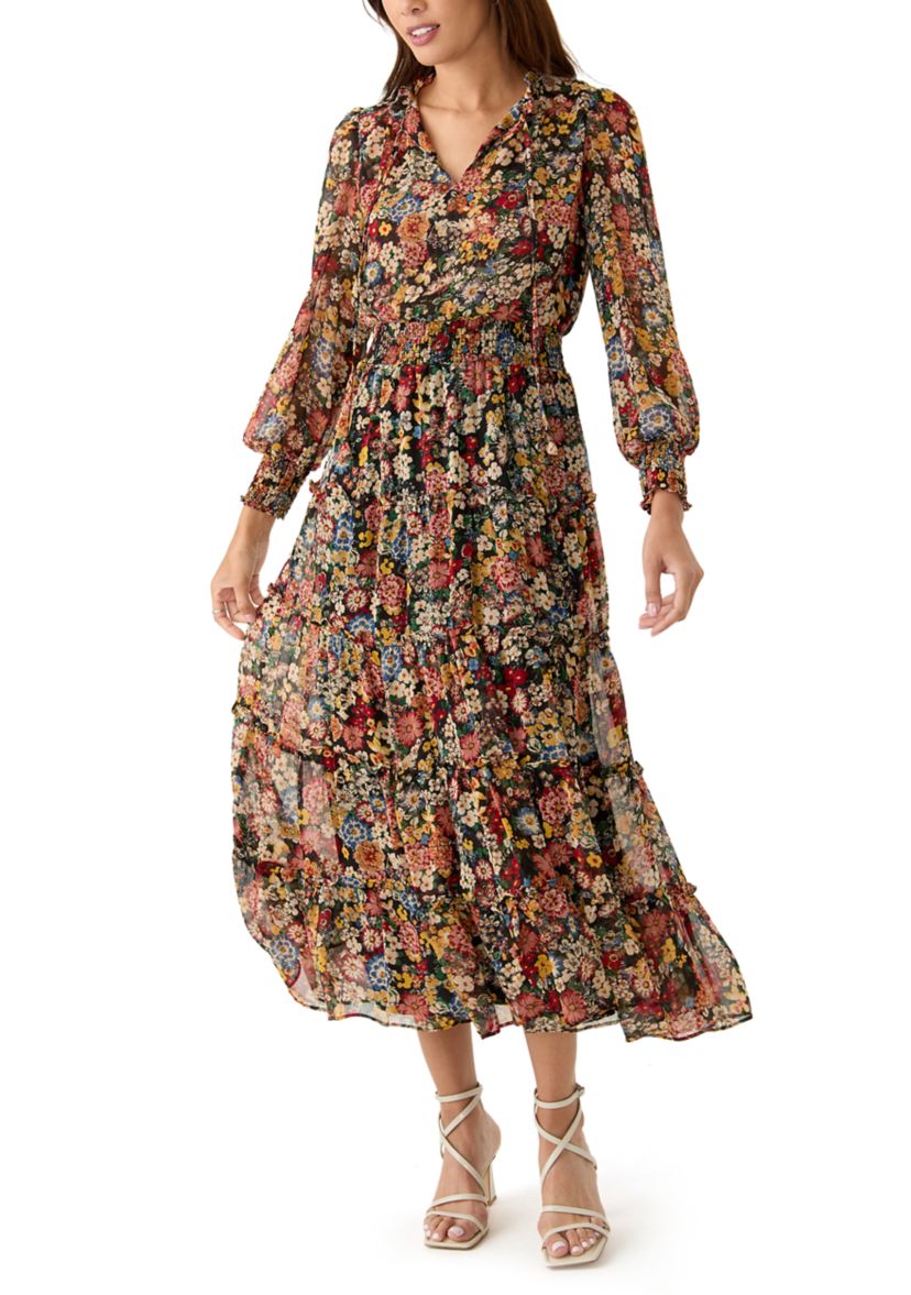 Womens Long Sleeve V-Neck Printed Chiffon Midi Fit and Flare Dress