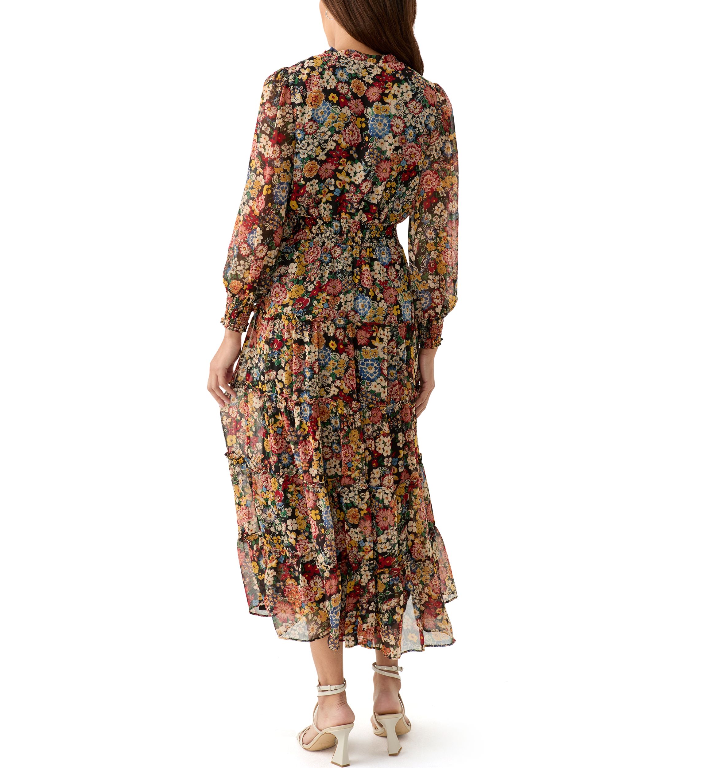 Womens Long Sleeve V-Neck Printed Chiffon Midi Fit and Flare Dress